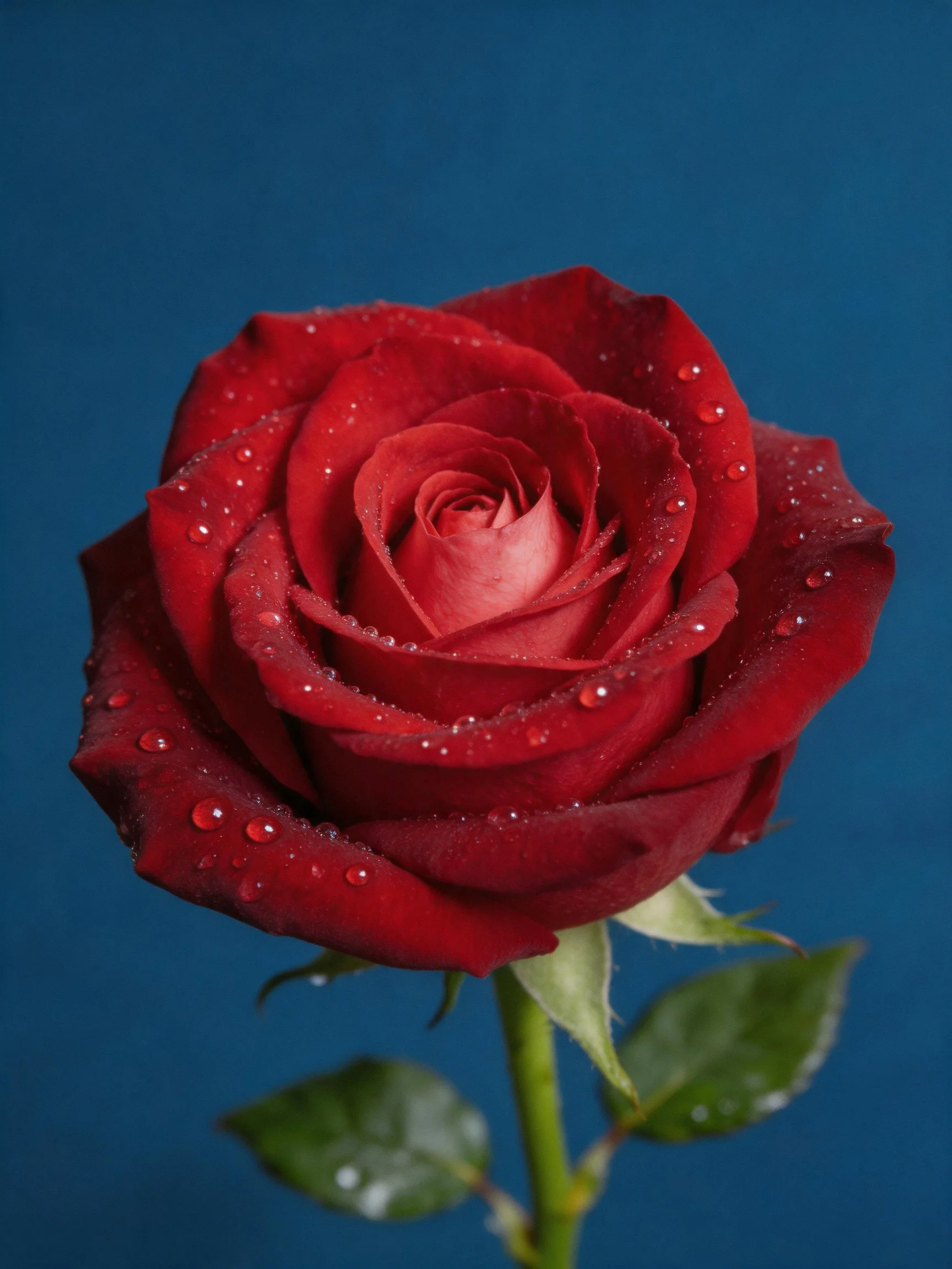 Vibrant red rose with dew drops, green stem, blue backdrop