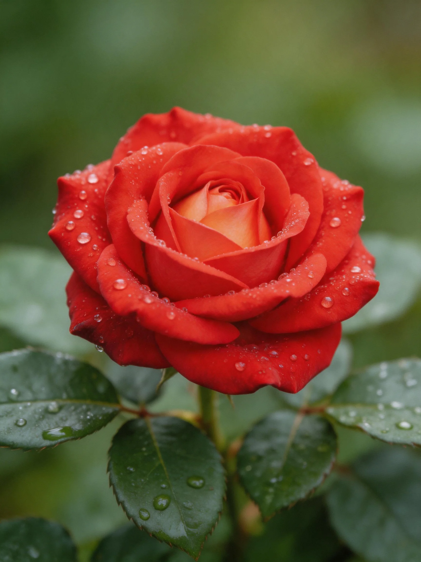 Vibrant red rose with dew drops on petals and leaves