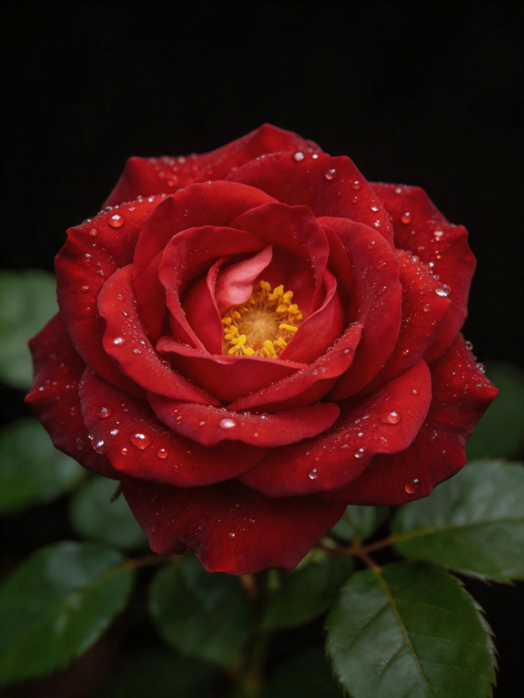 Vibrant red rose with dew drops, surrounded by green leaves