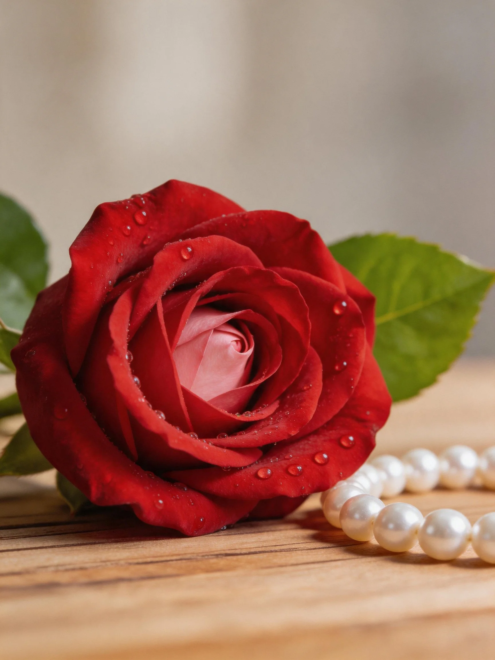 Vibrant red rose with dewdrops beside pearl necklace on wood