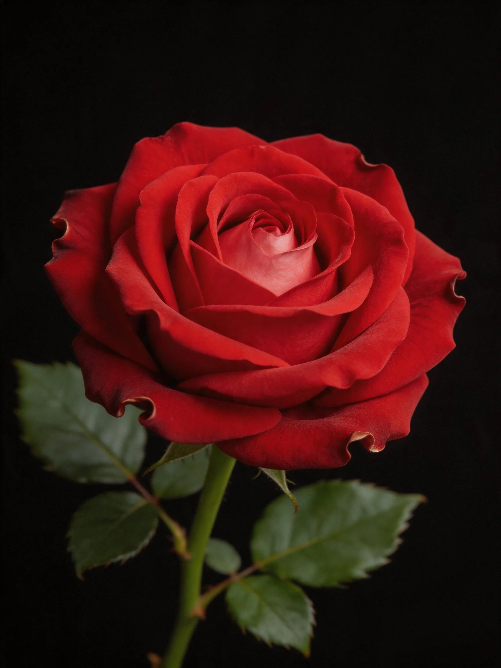 Vibrant red rose with green foliage against a solid black background