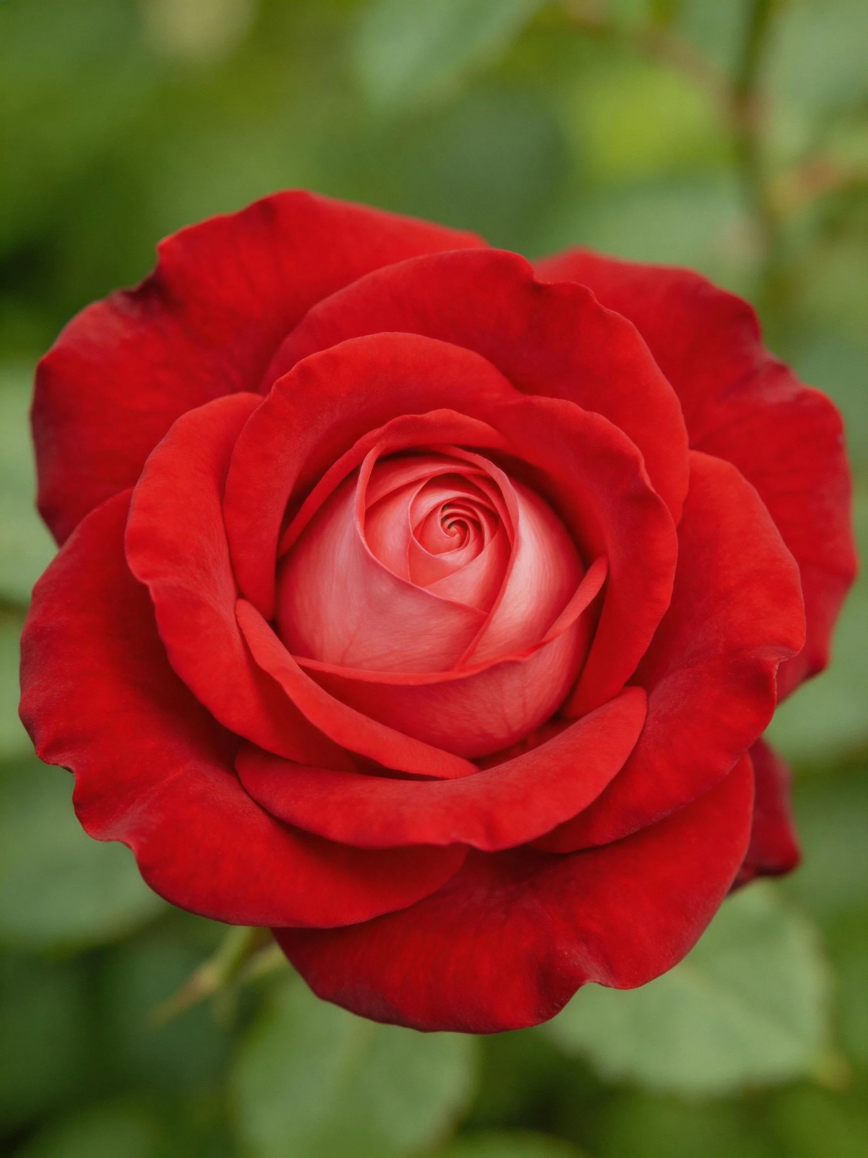 Vibrant red rose with layered petals against green foliage