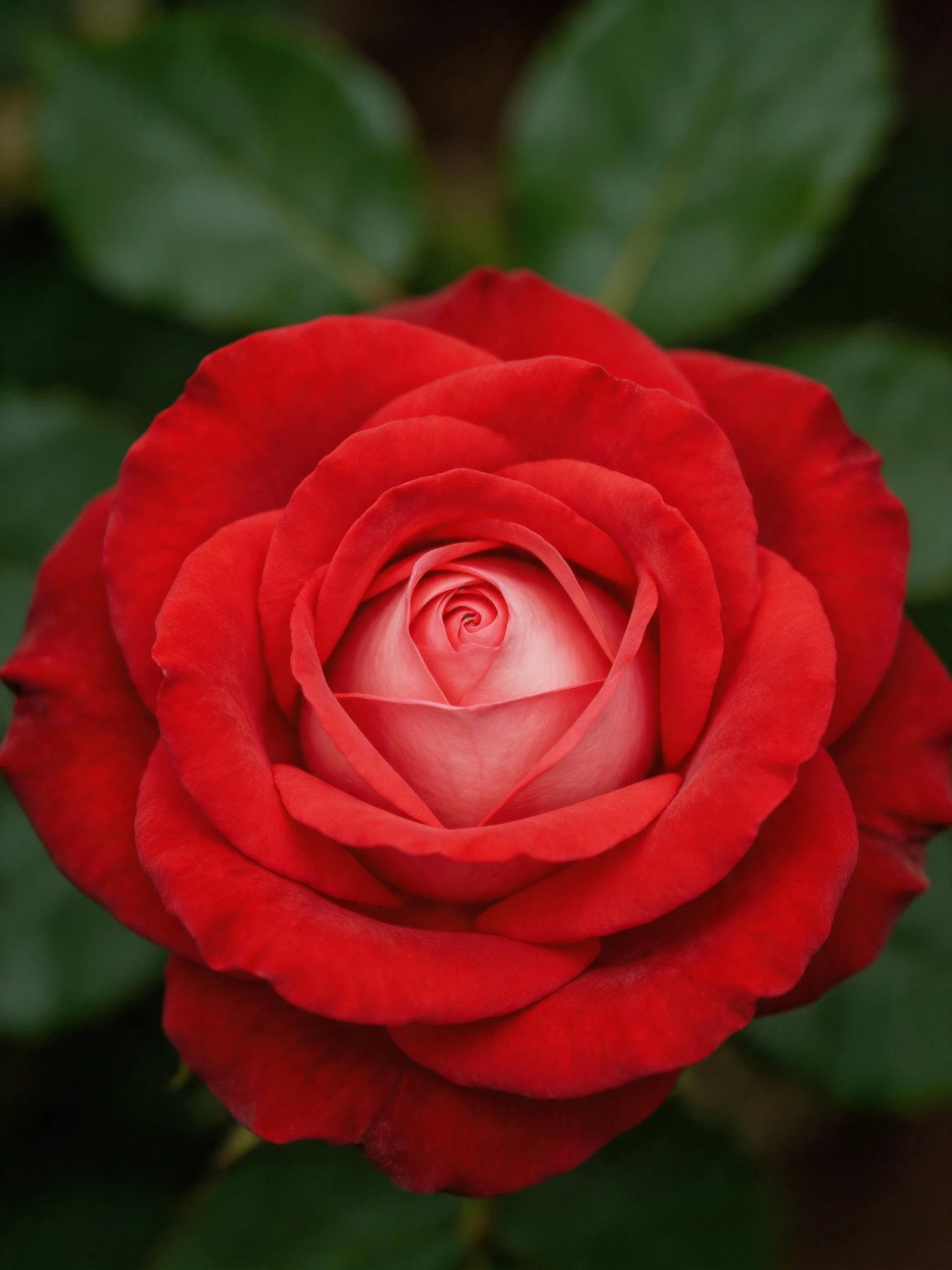 Vibrant red rose with layered petals and dark green foliage