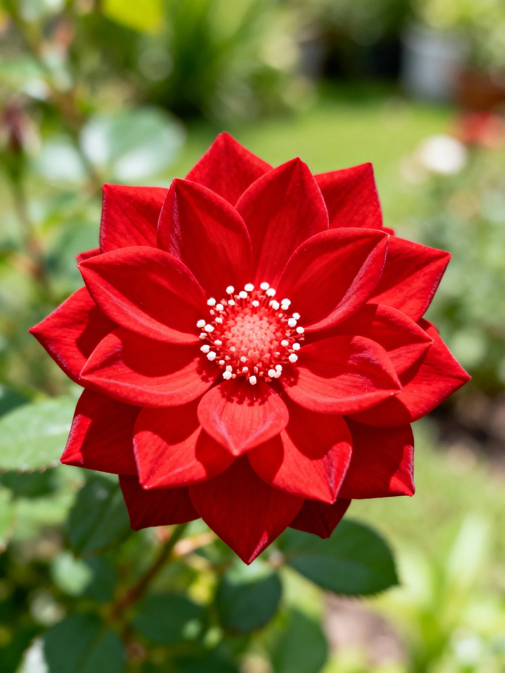 Vibrant red rose with layered petals and green backdrop