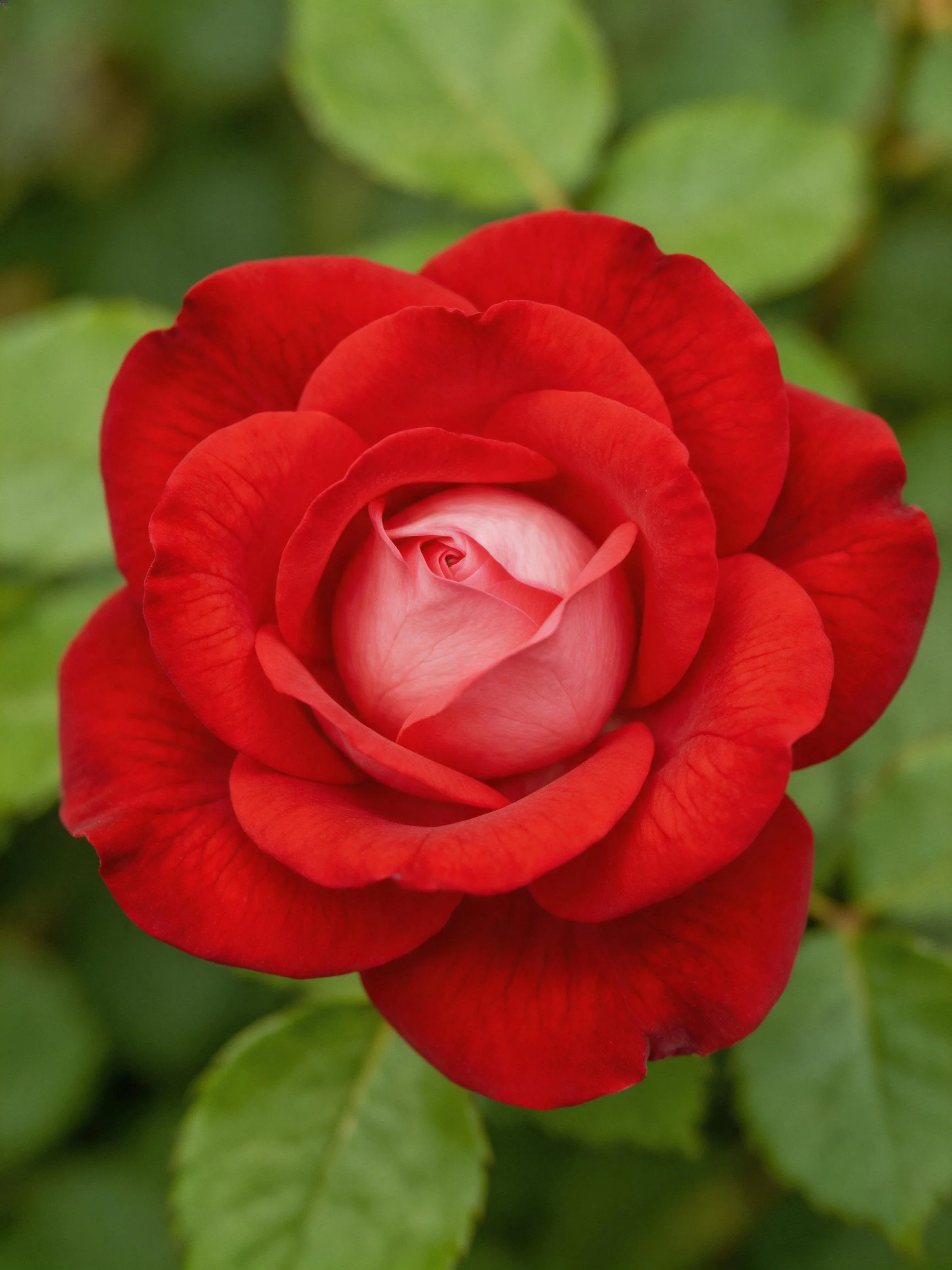 Vibrant red rose with layered petals and green foliage