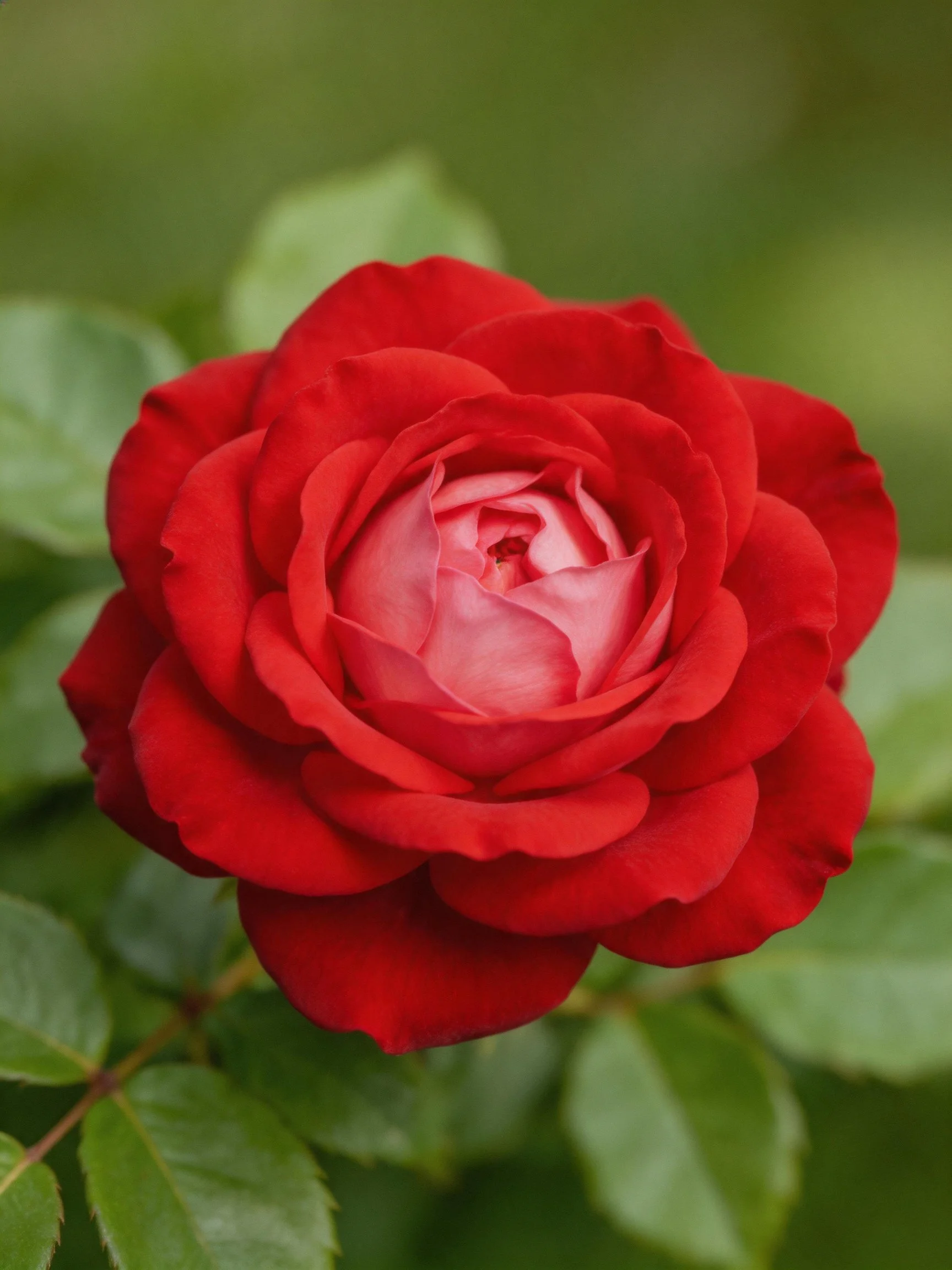 Vibrant red rose with layered petals and green foliage