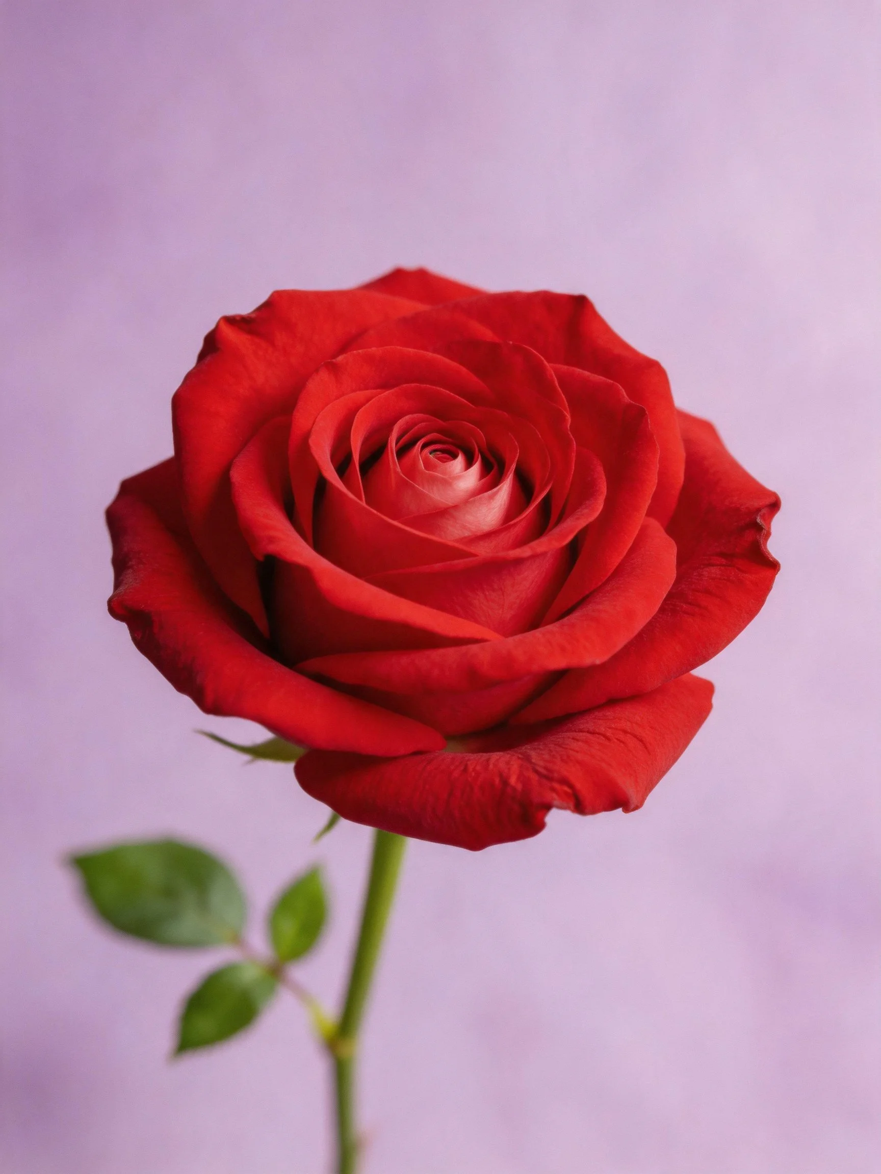 Vibrant red rose with layered petals and green leaves against soft lavender backdrop