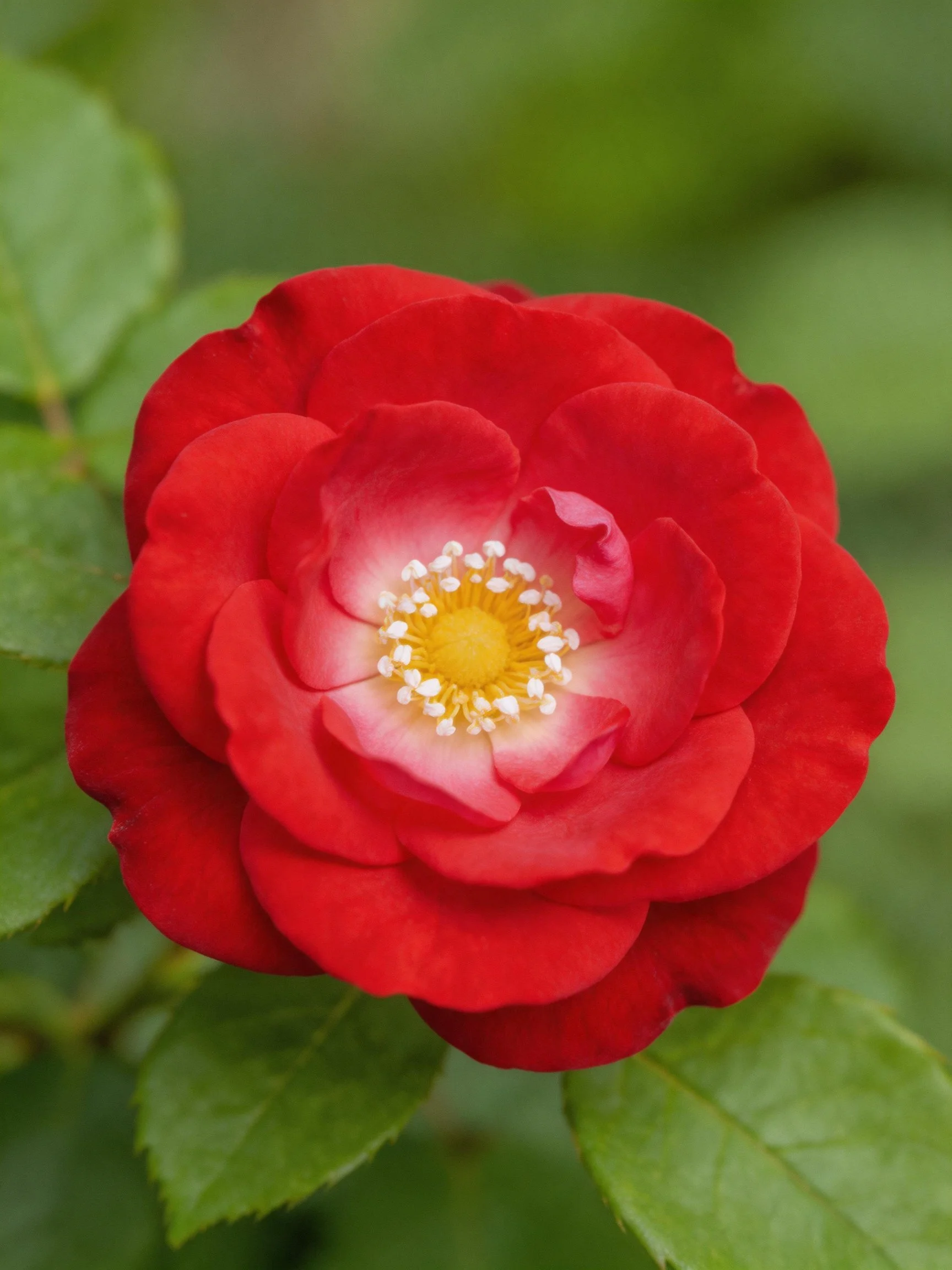 Vibrant red rose with layered petals and green leaves