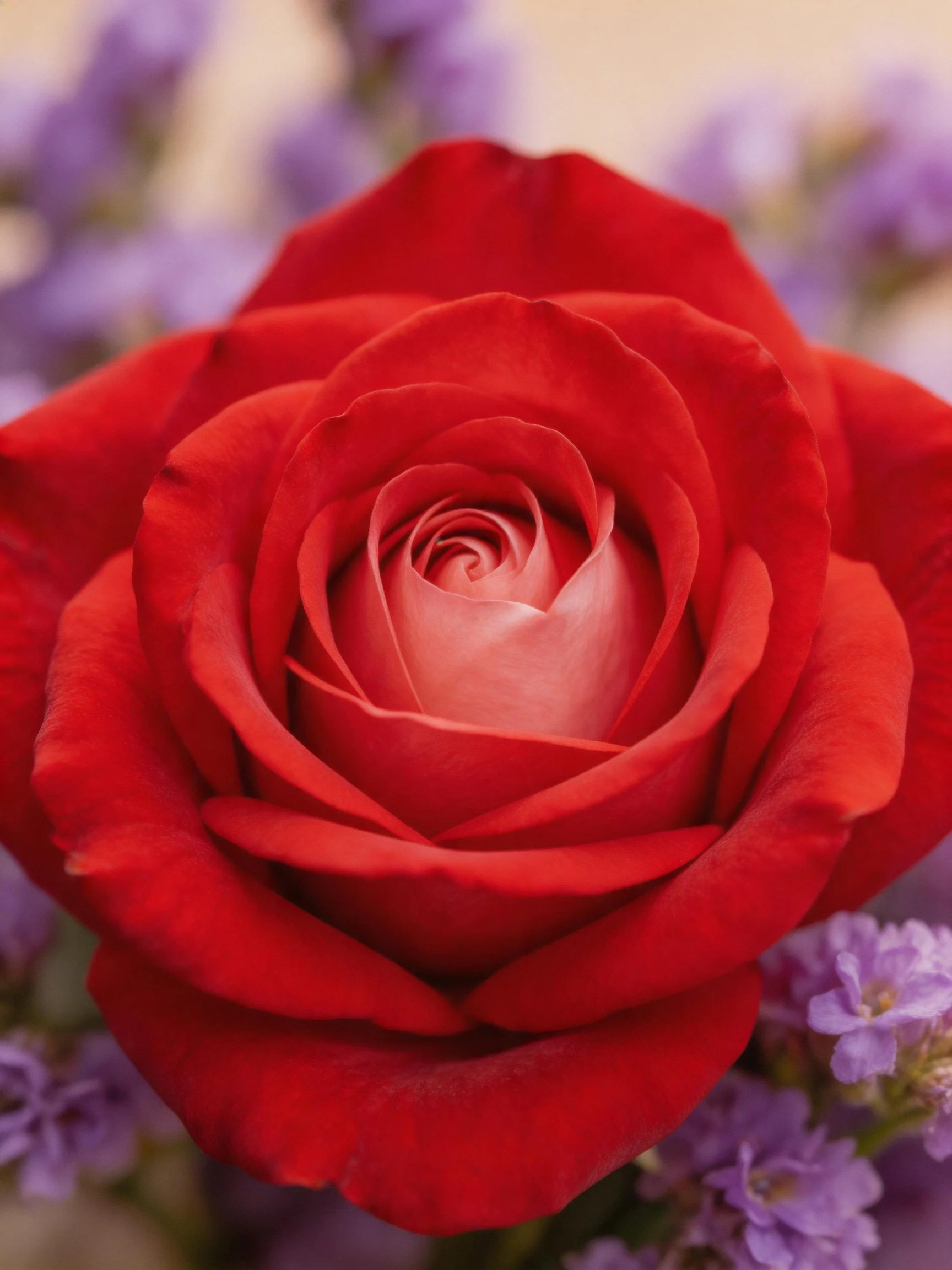 Vibrant red rose with layered petals and purple floral accents