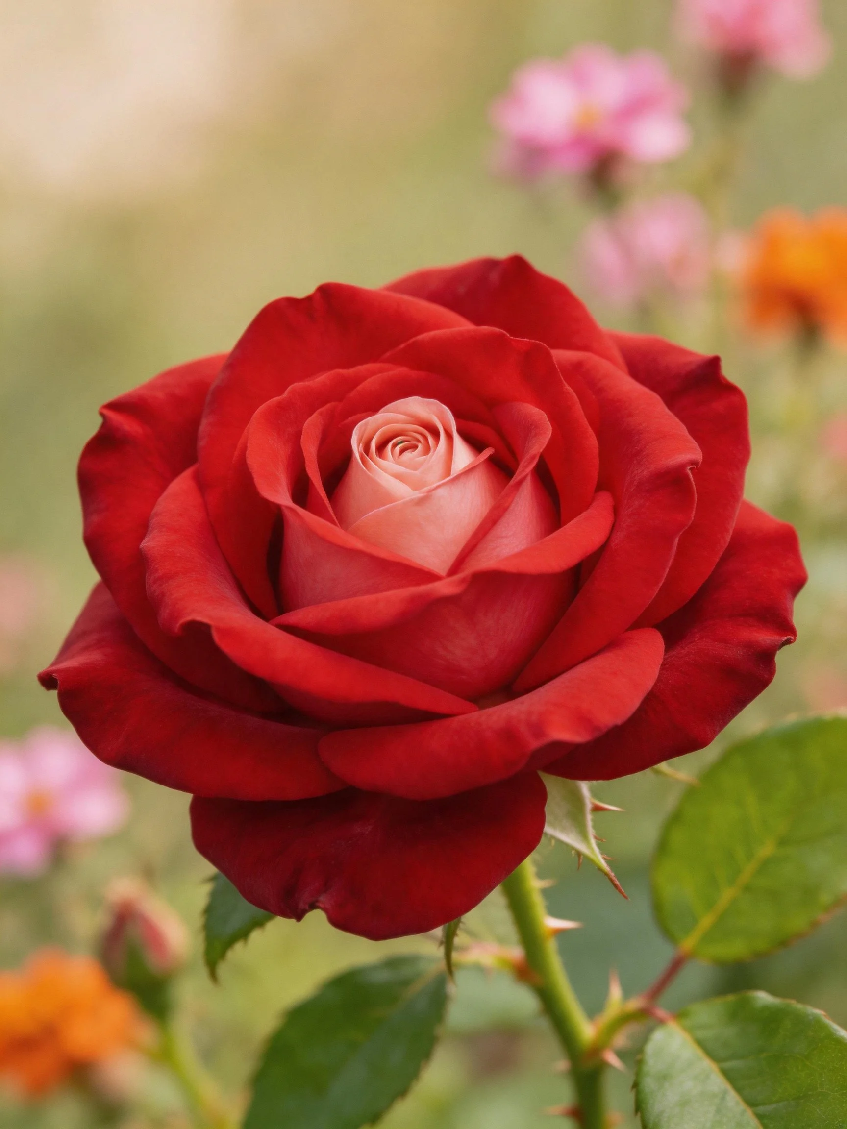 Vibrant red rose with pink center amid blurred floral surroundings