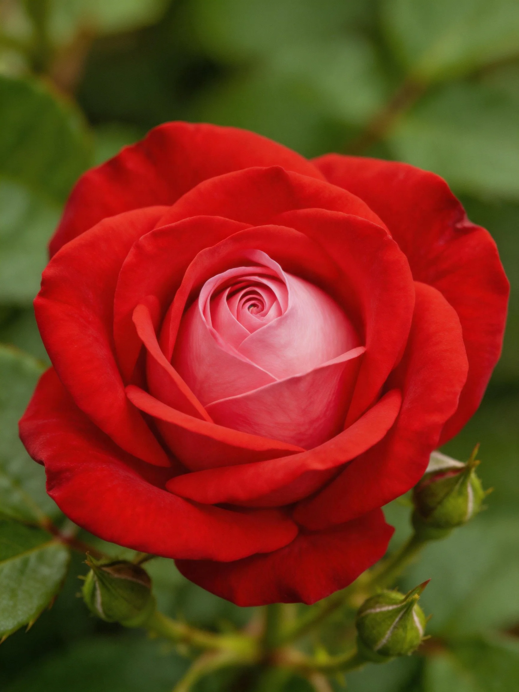 Vibrant red rose with pink center and green buds