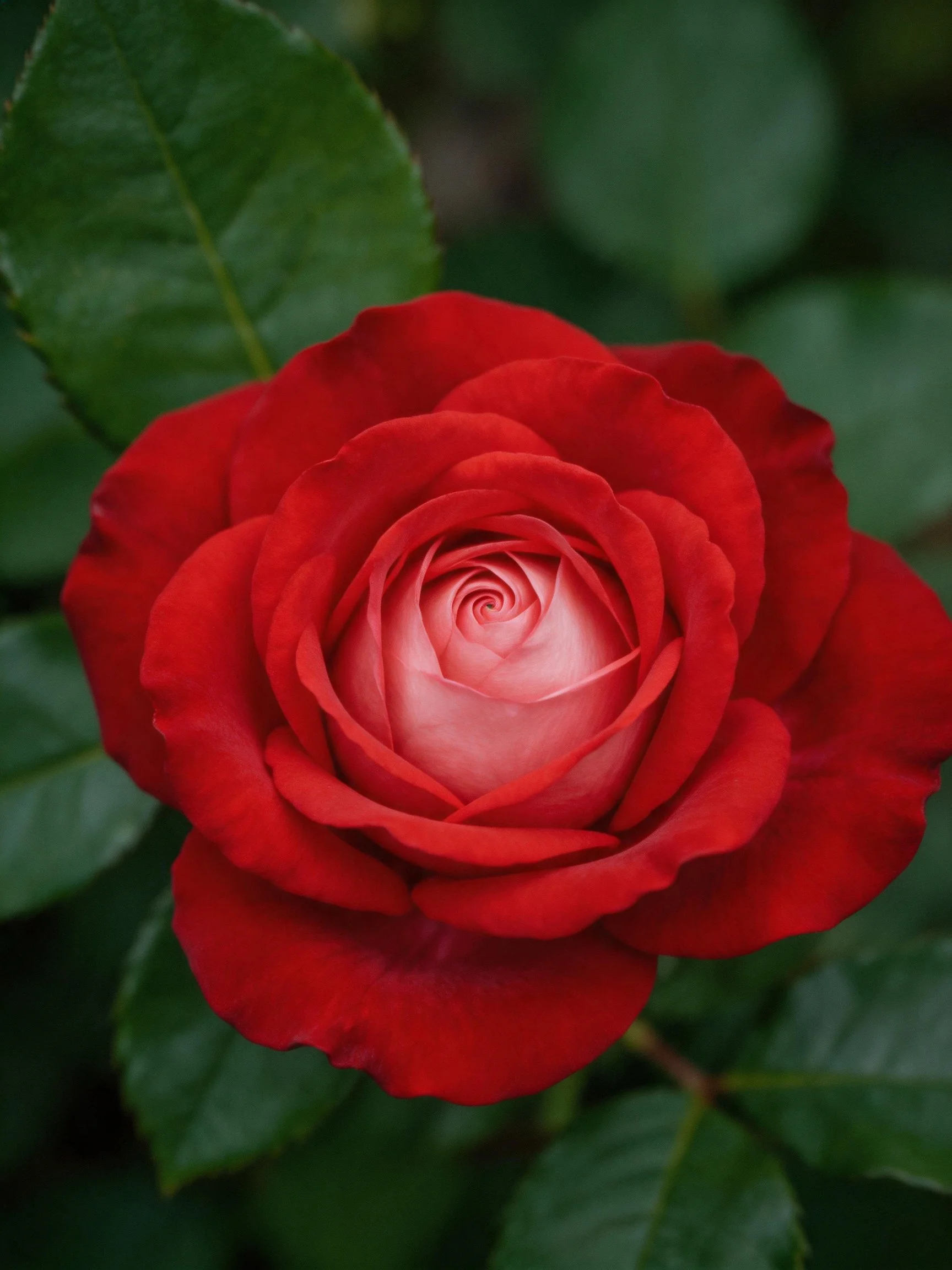 Vibrant red rose with pink center, surrounded by dark green leaves