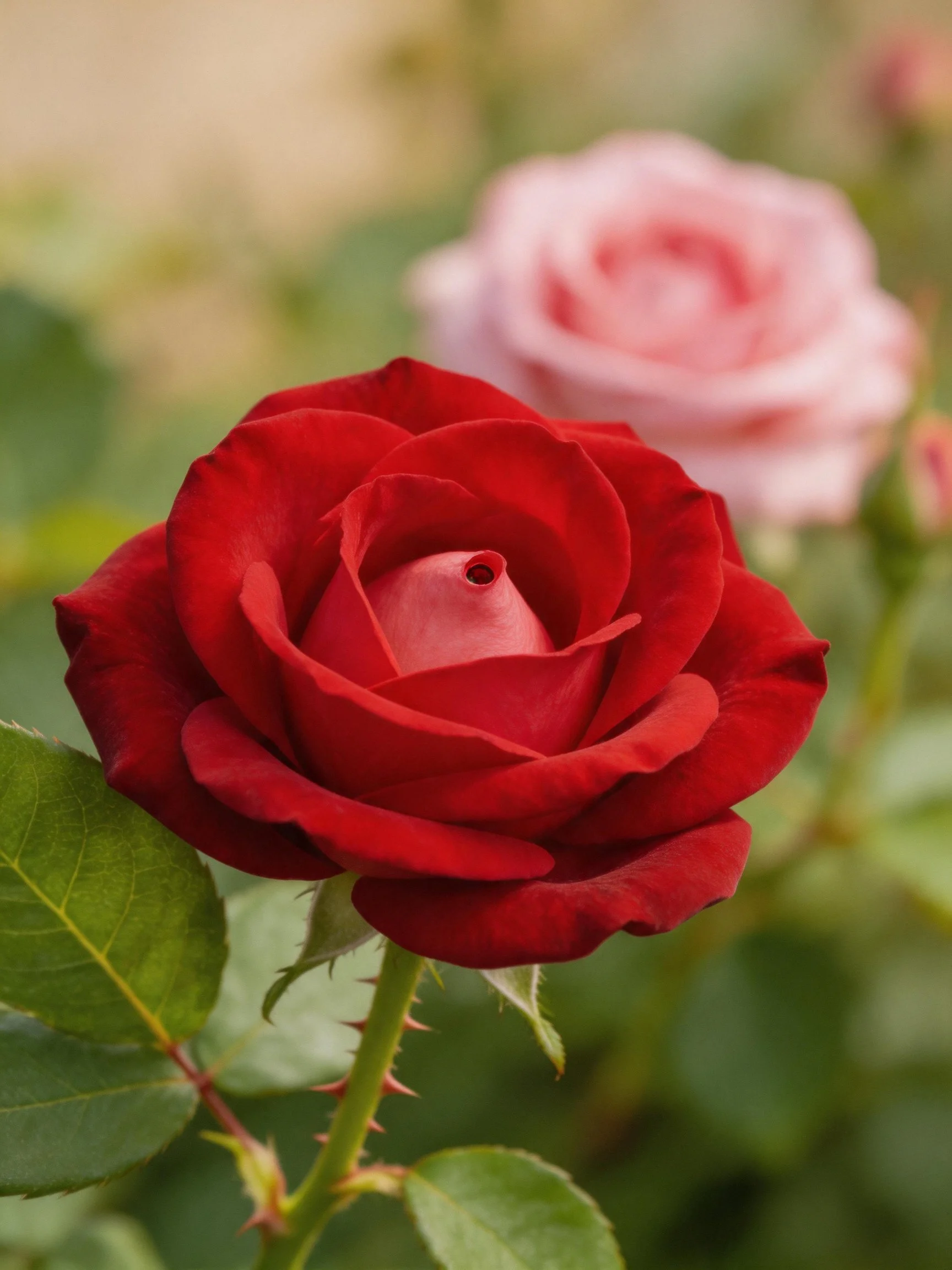 Vibrant red rose with soft pink rose in blurred background