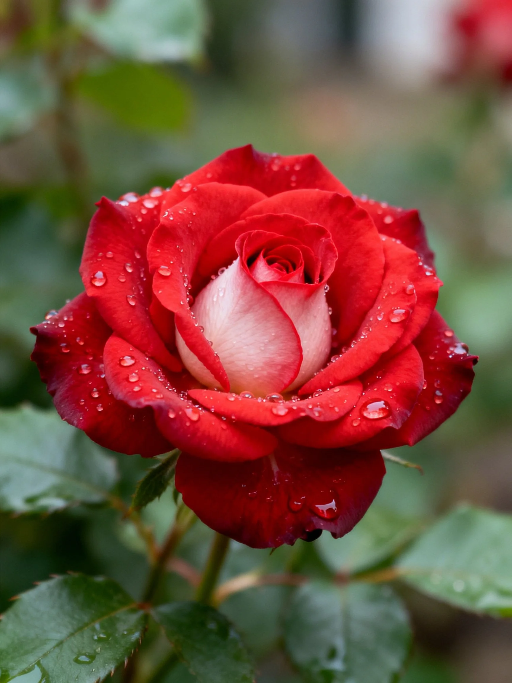 Vibrant red rose with water droplets