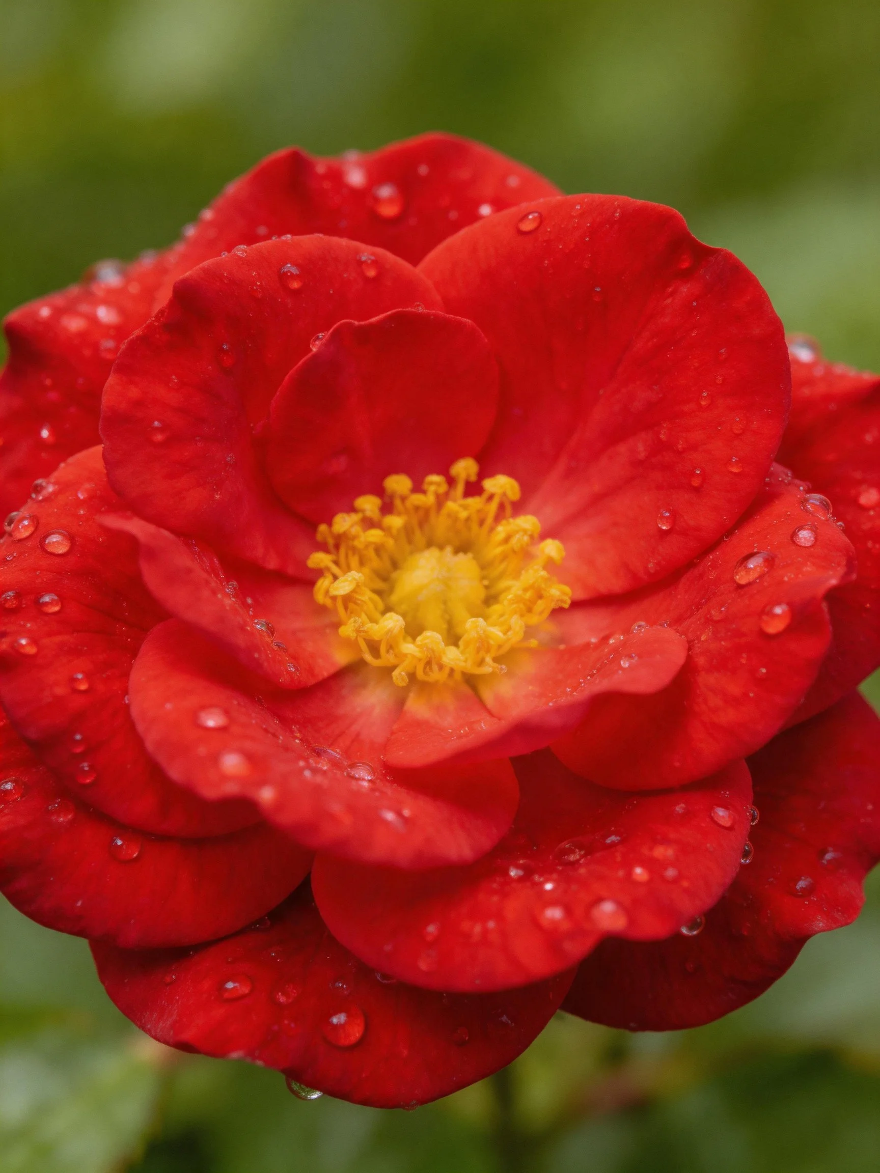 Vibrant red rose with water droplets on layered petals