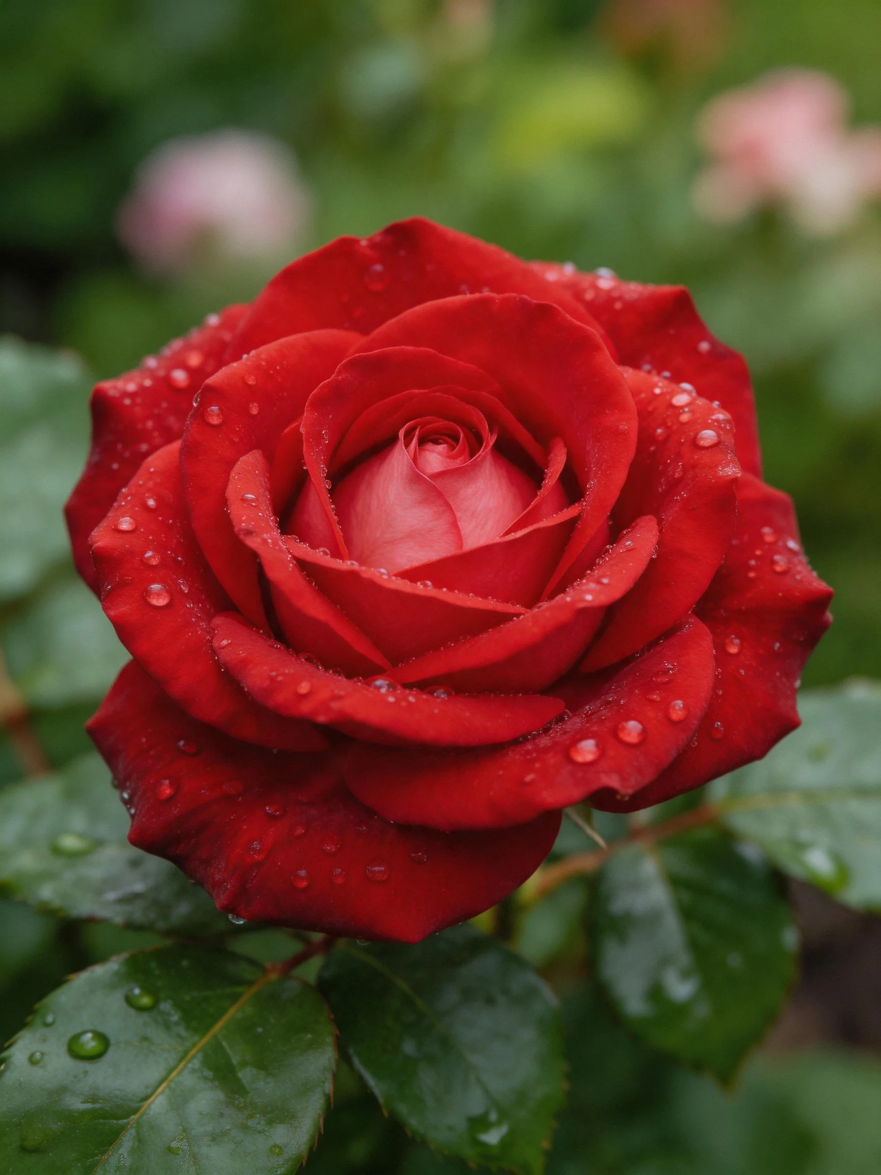 Vibrant red rose with water droplets