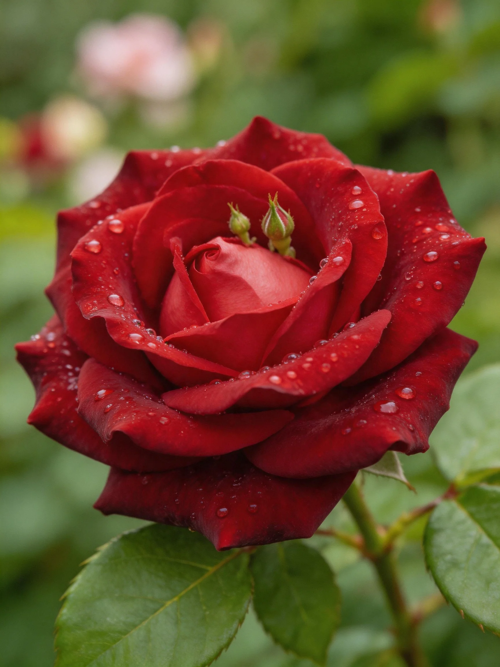 Vibrant red rose with water drops and green foliage