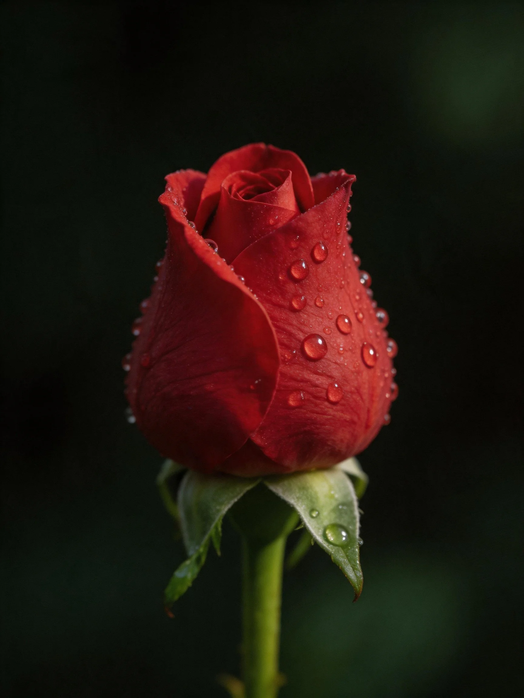 Vibrant red rosebud with dewdrops against a dark backdrop