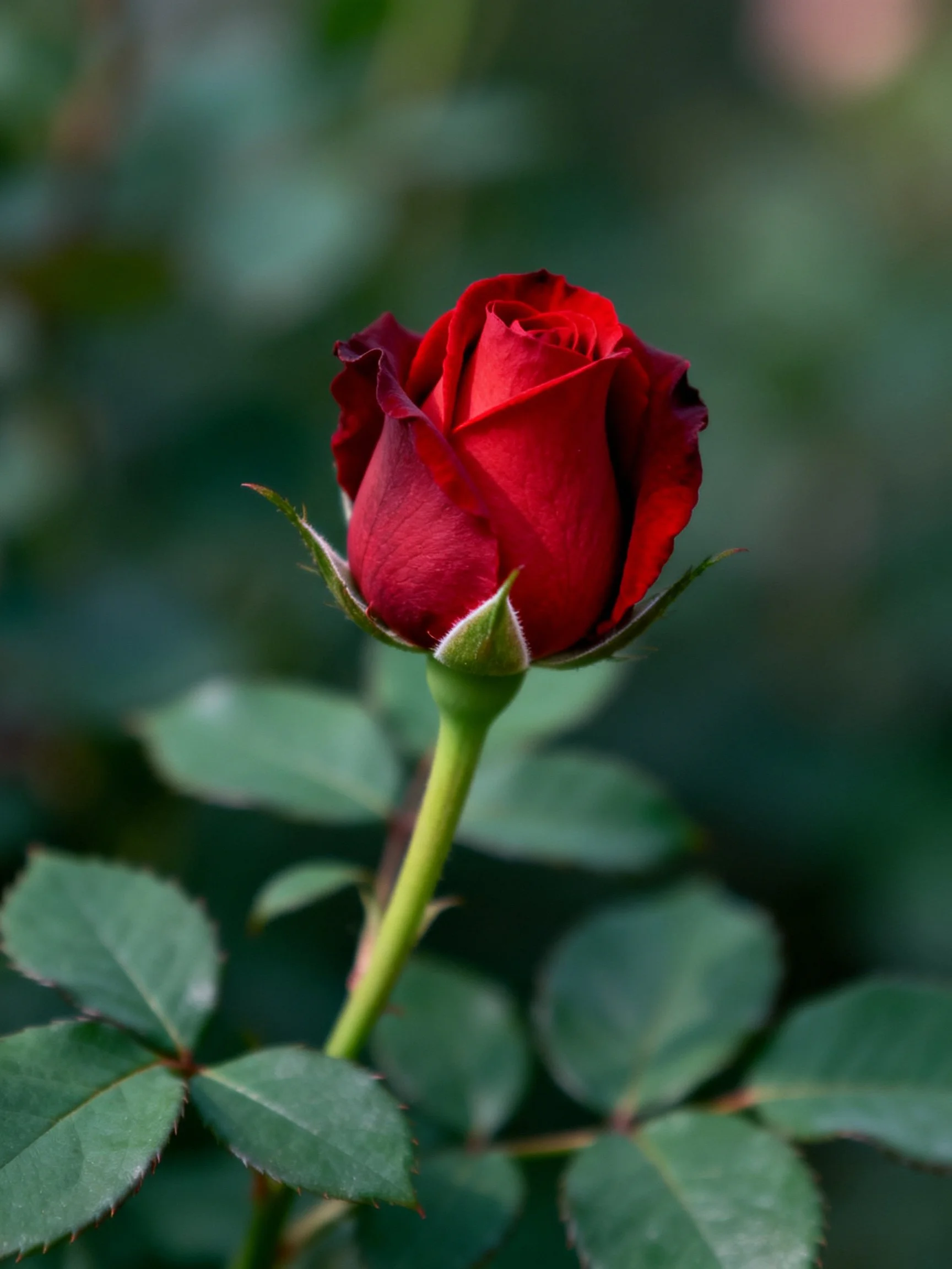 Vibrant red rosebud with green foliage and blurred backdrop
