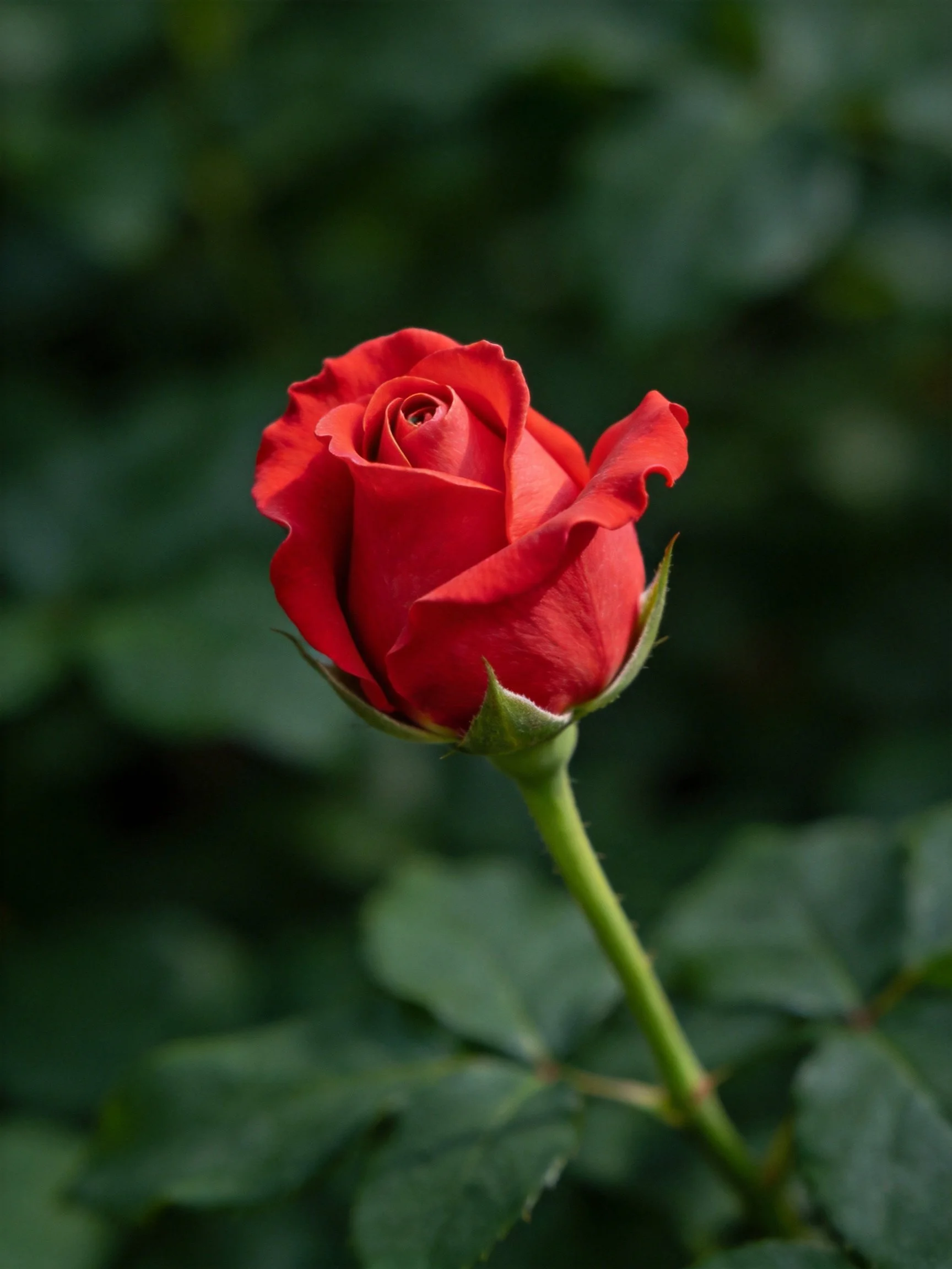 Vibrant red rosebud with green stem amidst dark foliage