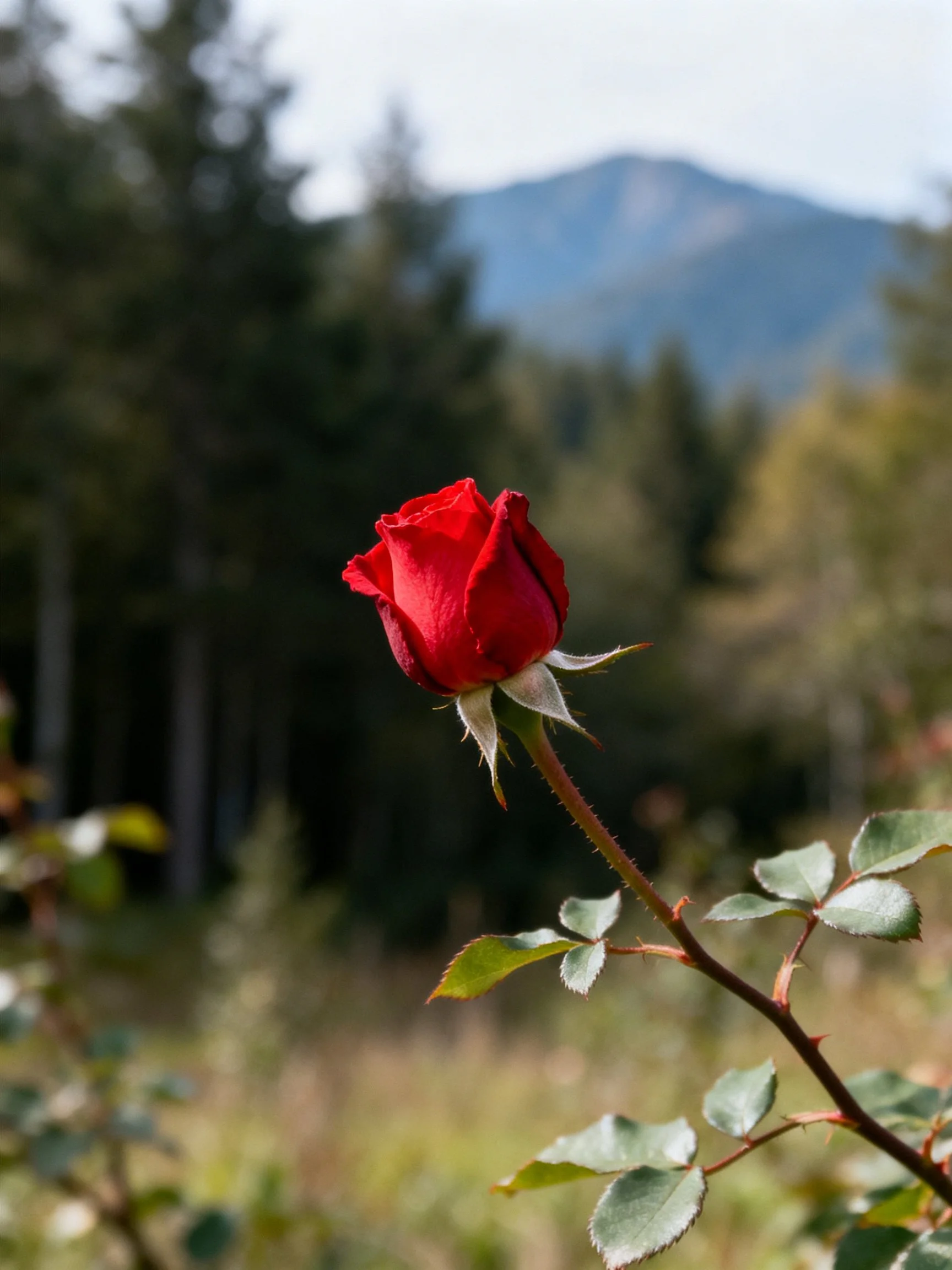 Vibrant red rosebud with thorny stem near forested mountains