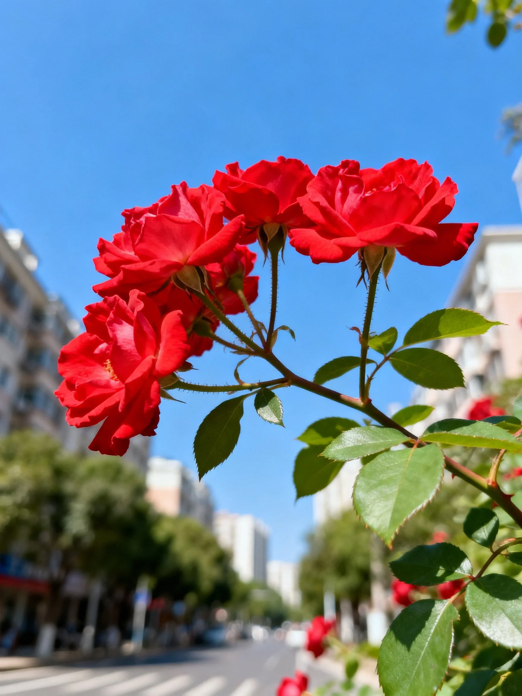 Vibrant red roses bloom beside urban buildings under clear blue sky
