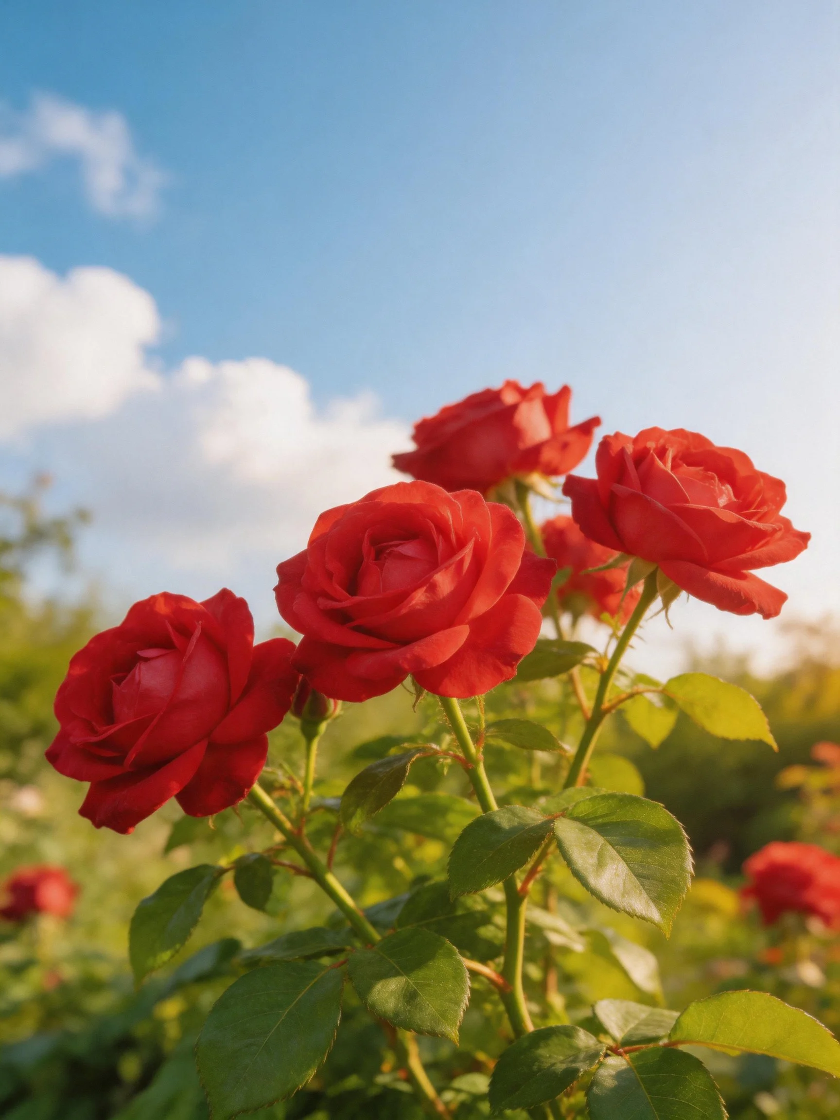 Vibrant red roses flourish amid green foliage beneath a bright blue sky.