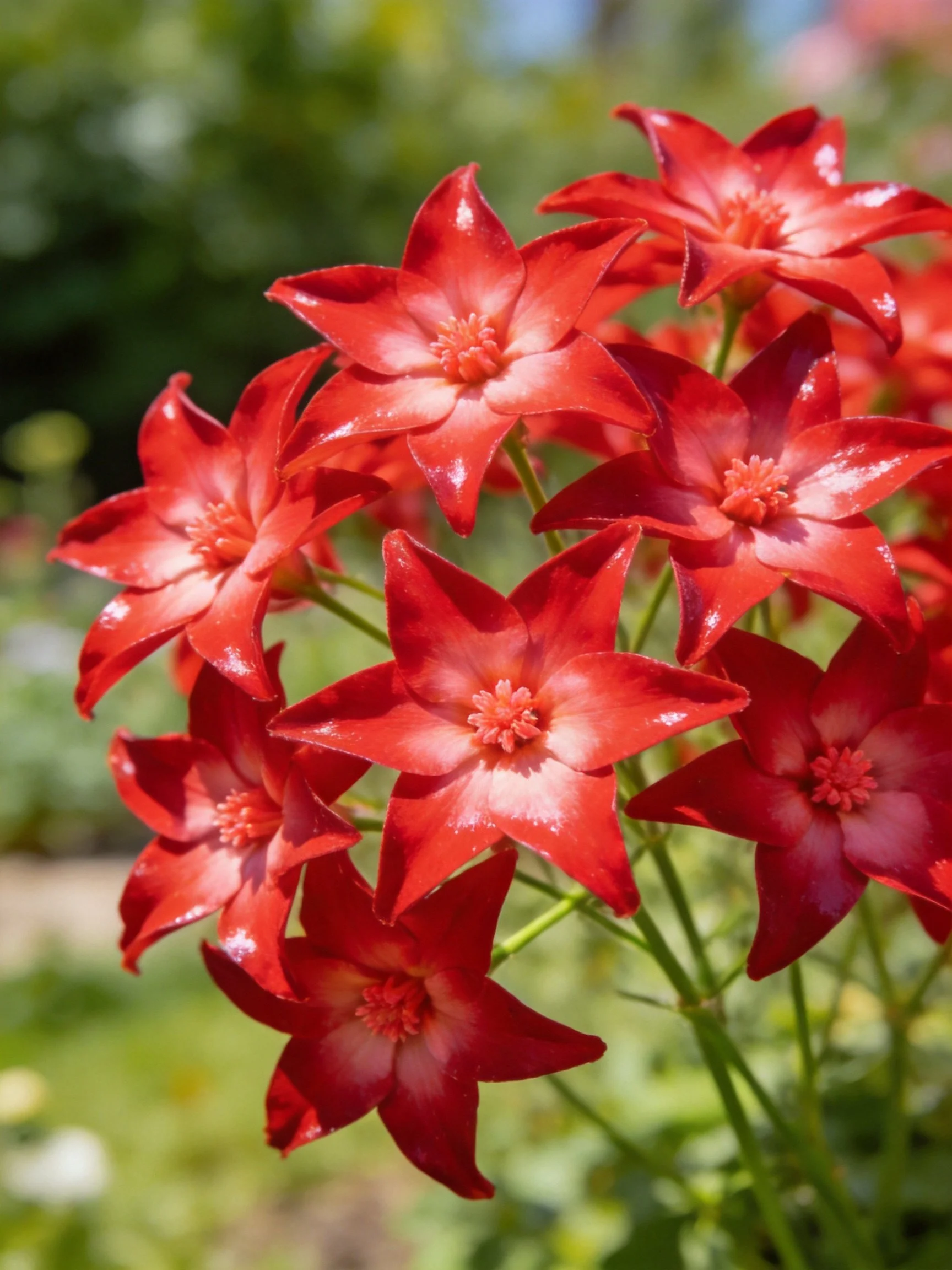 Vibrant red star-shaped flowers clustered in a lush garden