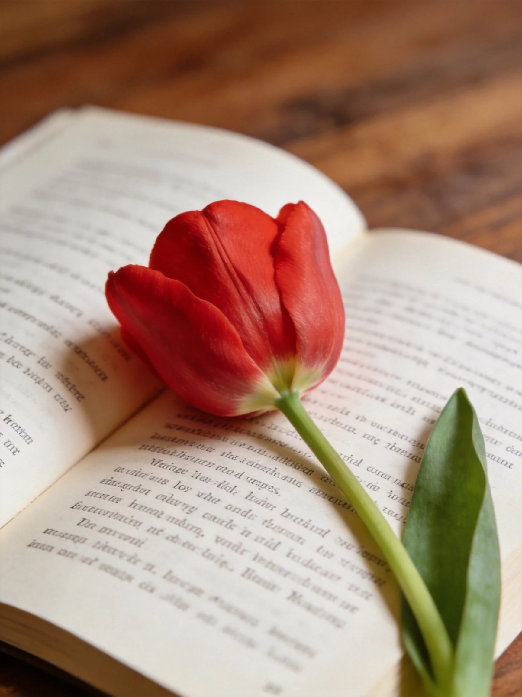 Vibrant red tulip on open book with printed text