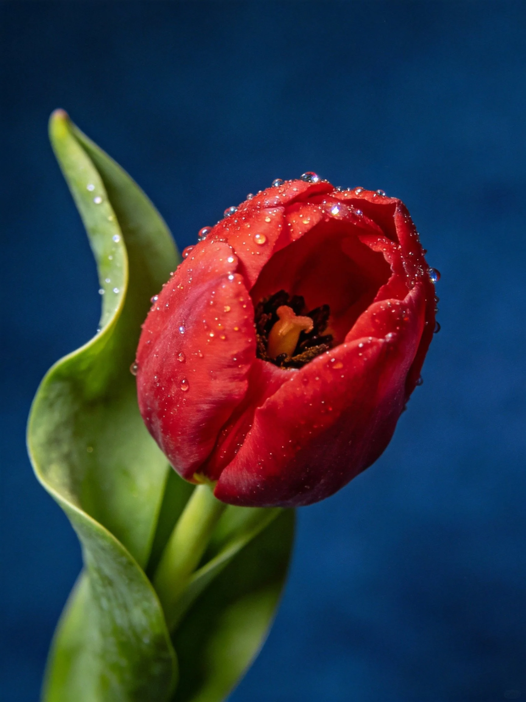 Vibrant red tulip with dew drops and curved green leaves