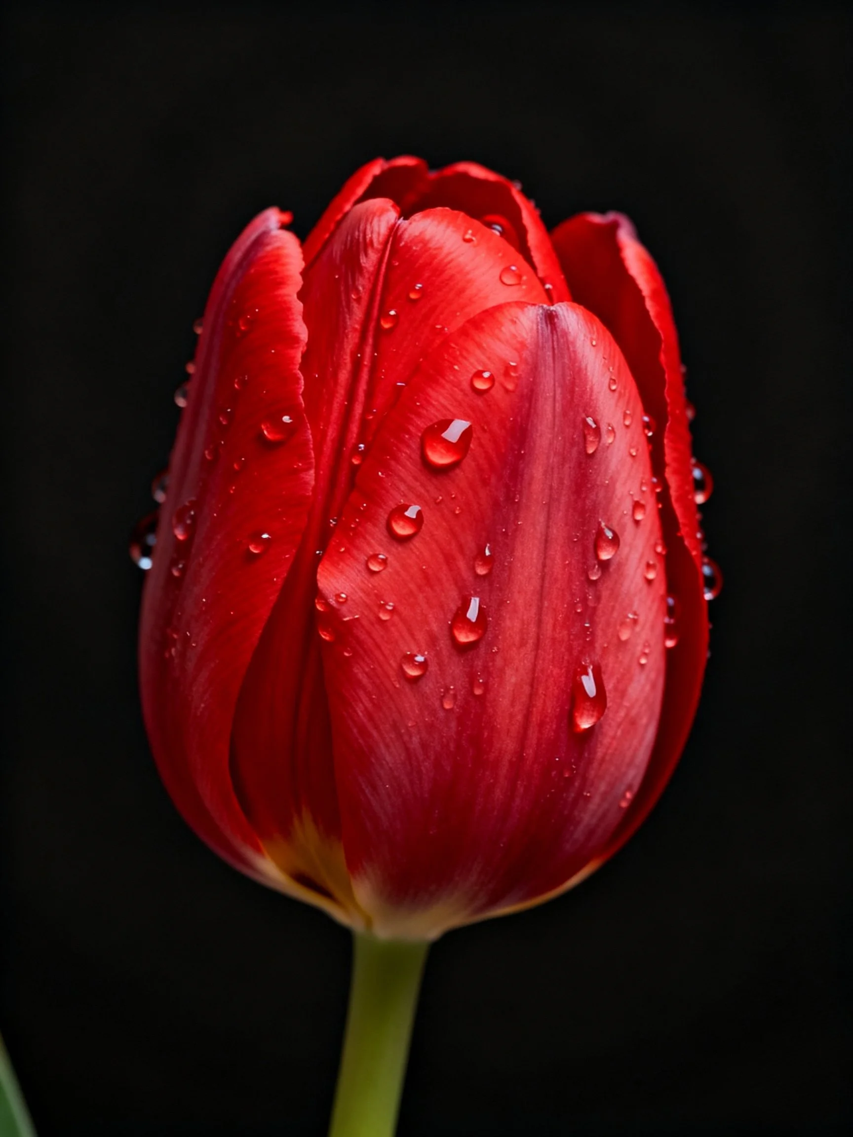 Vibrant red tulip with water droplets against black background