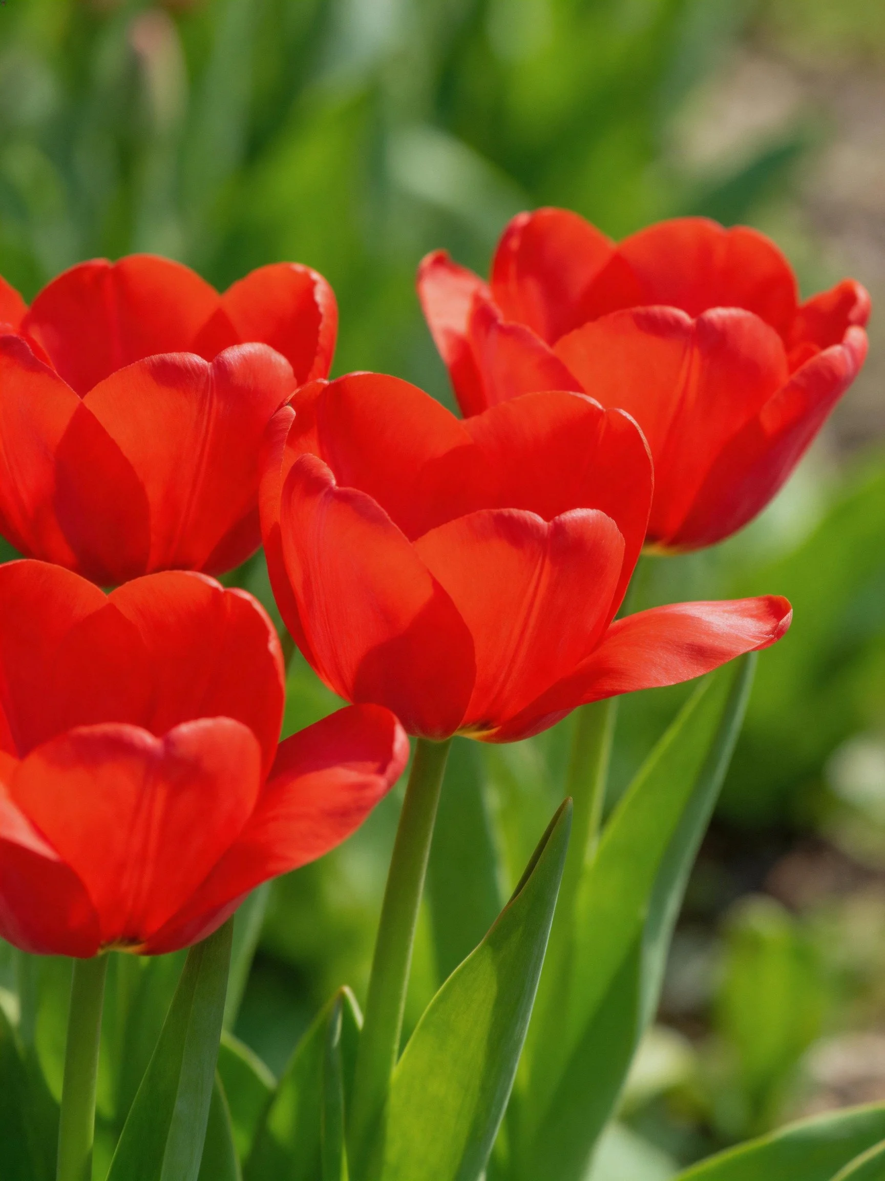 Vibrant red tulips bloom densely amid lush green foliage