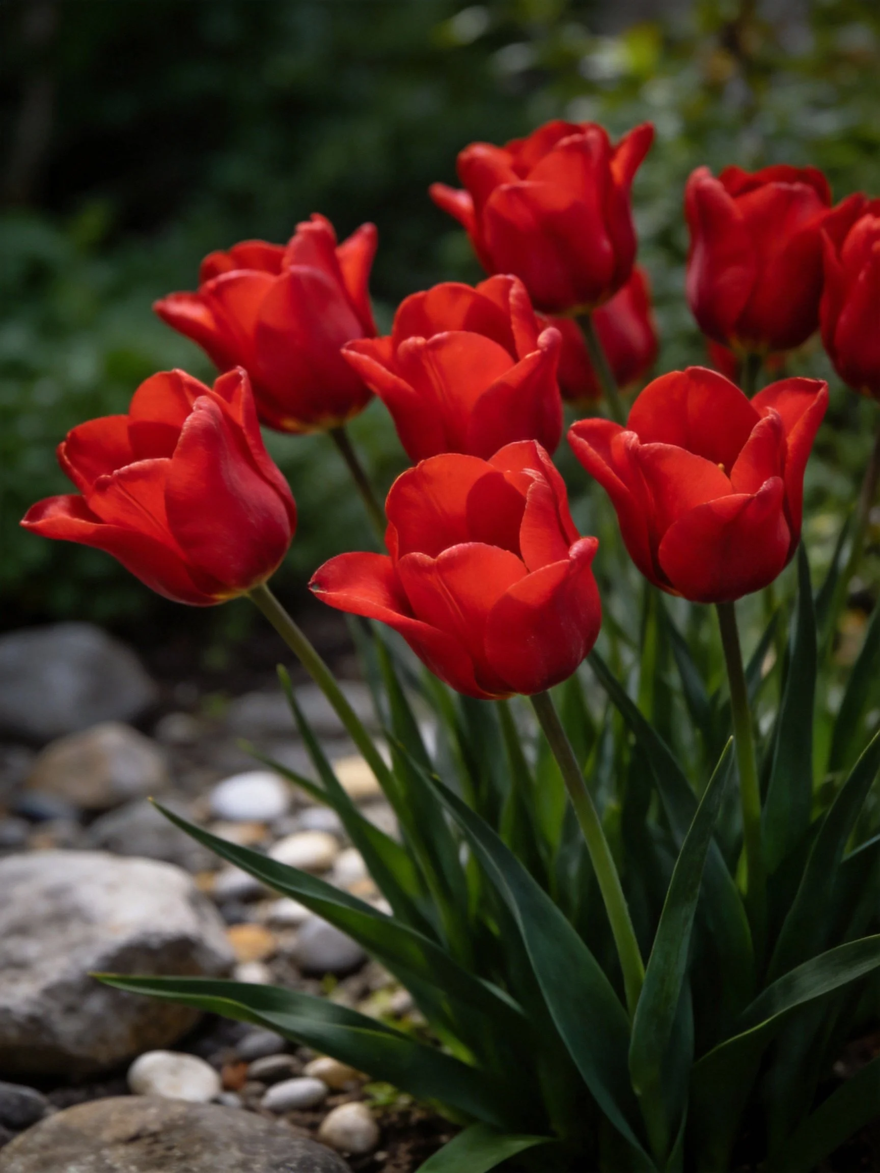 Vibrant red tulips cluster near smooth garden stones