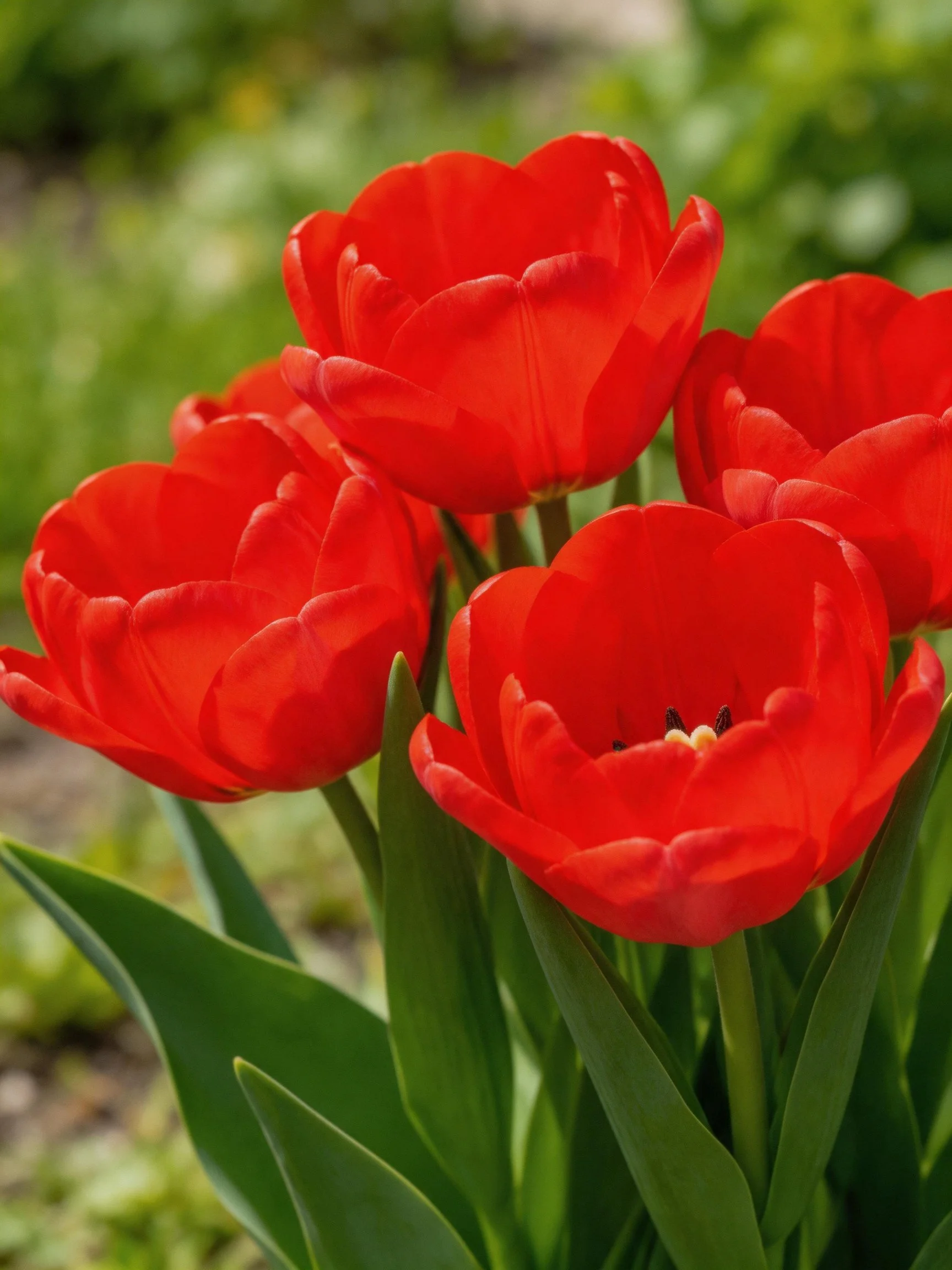 Vibrant red tulips clustered amid green foliage