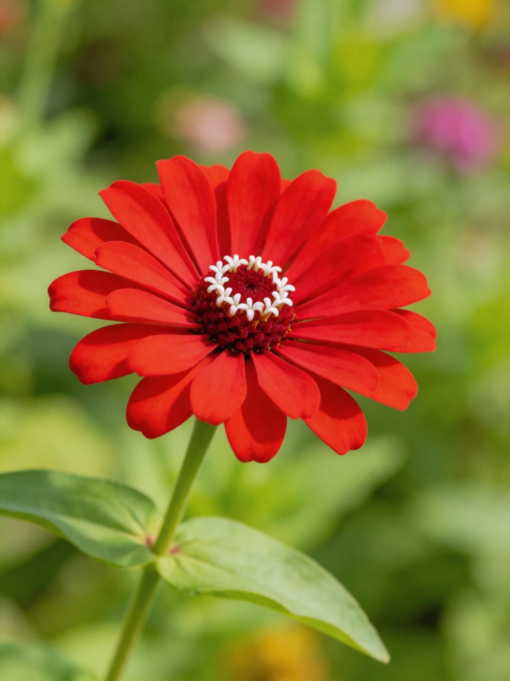 Vibrant red zinnia flower with green foliage