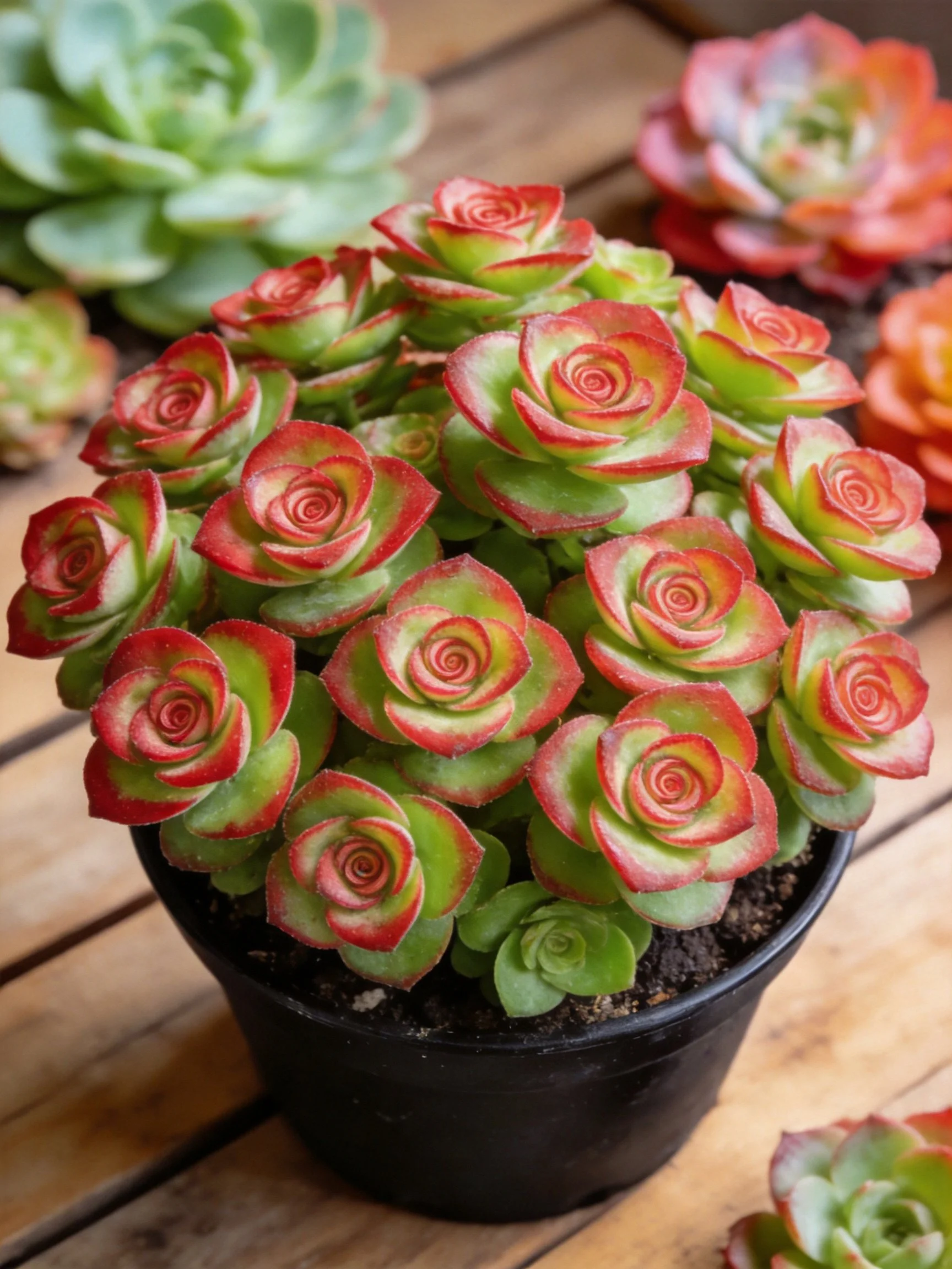 Vibrant rosette succulents in a black pot on wooden planks