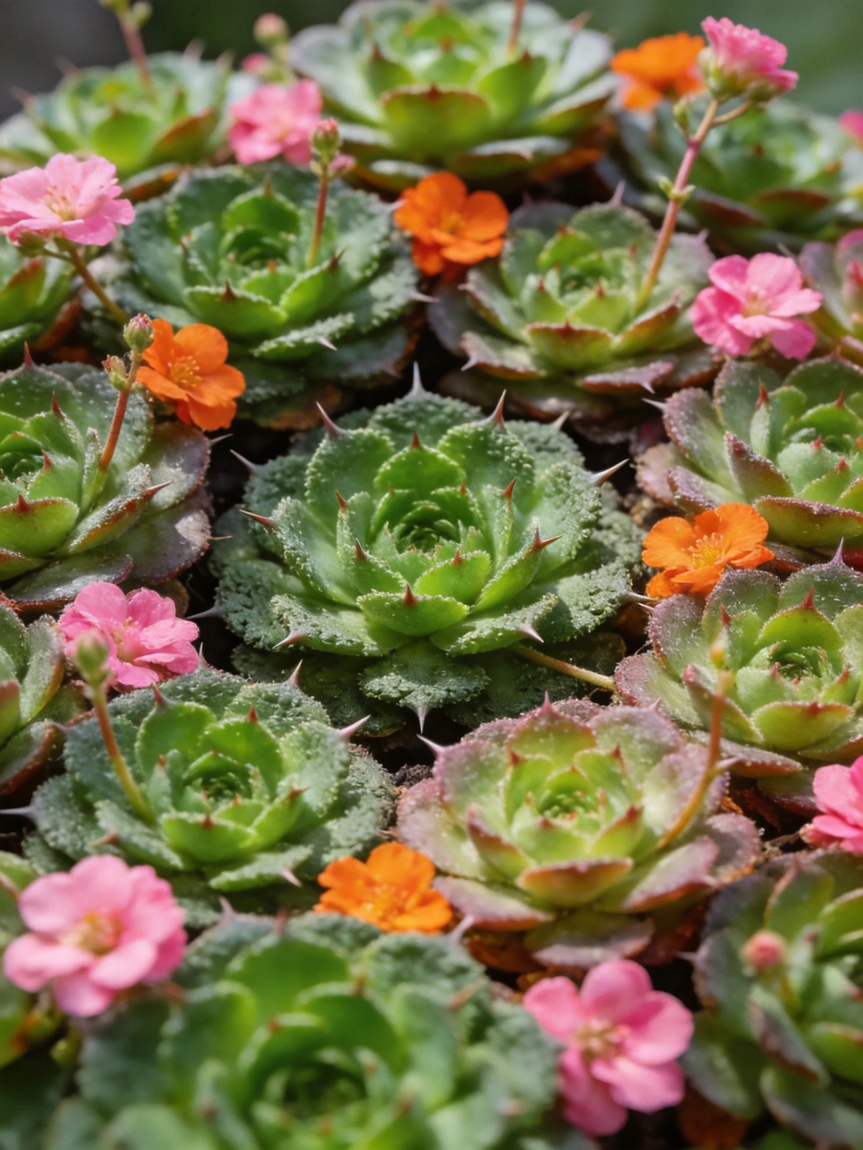 Vibrant succulent cluster featuring pink and orange flowers