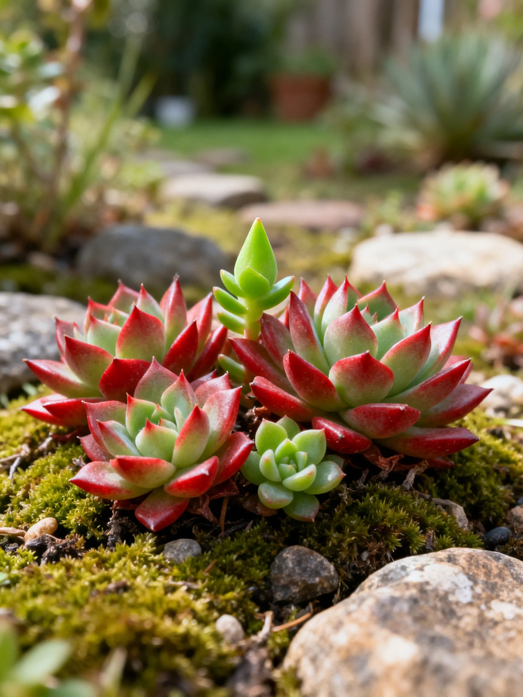 Vibrant succulent cluster with red-green foliage, mossy terrain, rocky surroundings