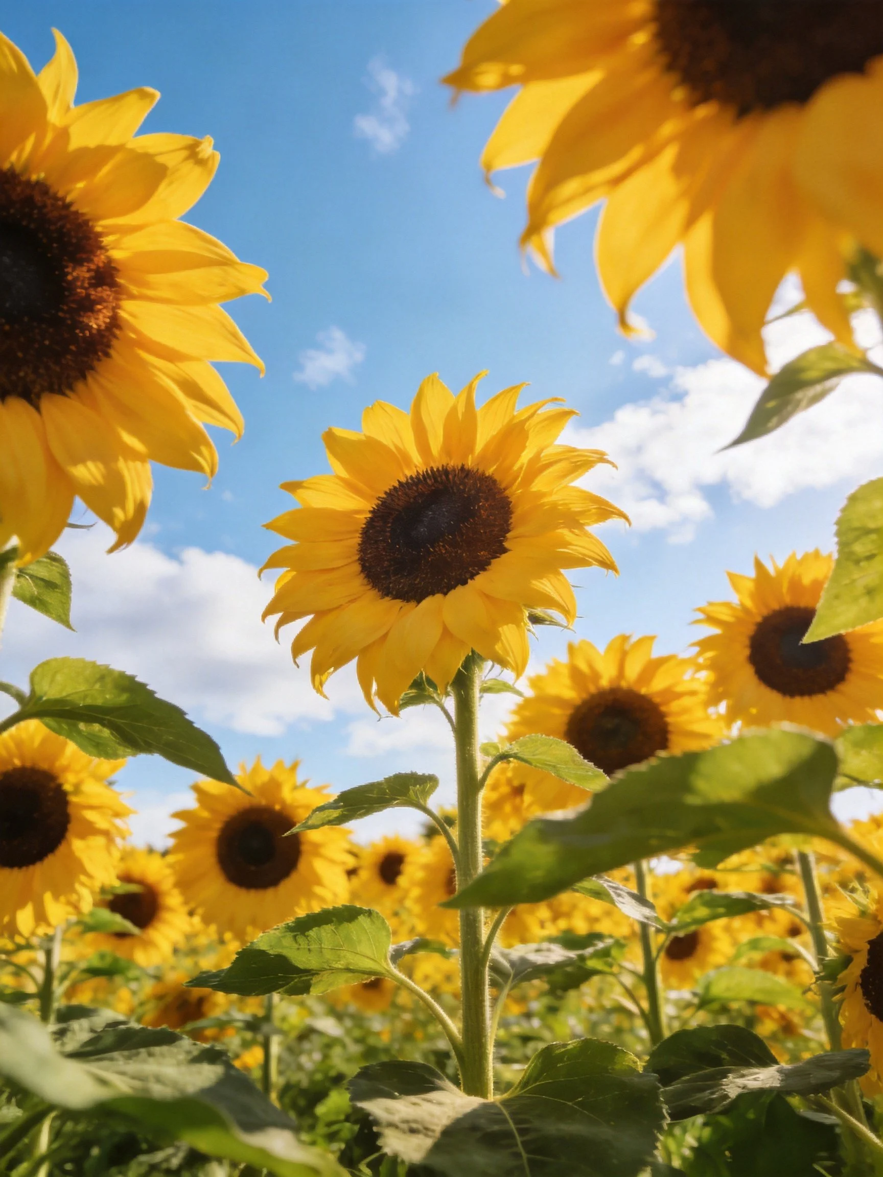 Vibrant sunflower field with bright yellow blooms and blue sky