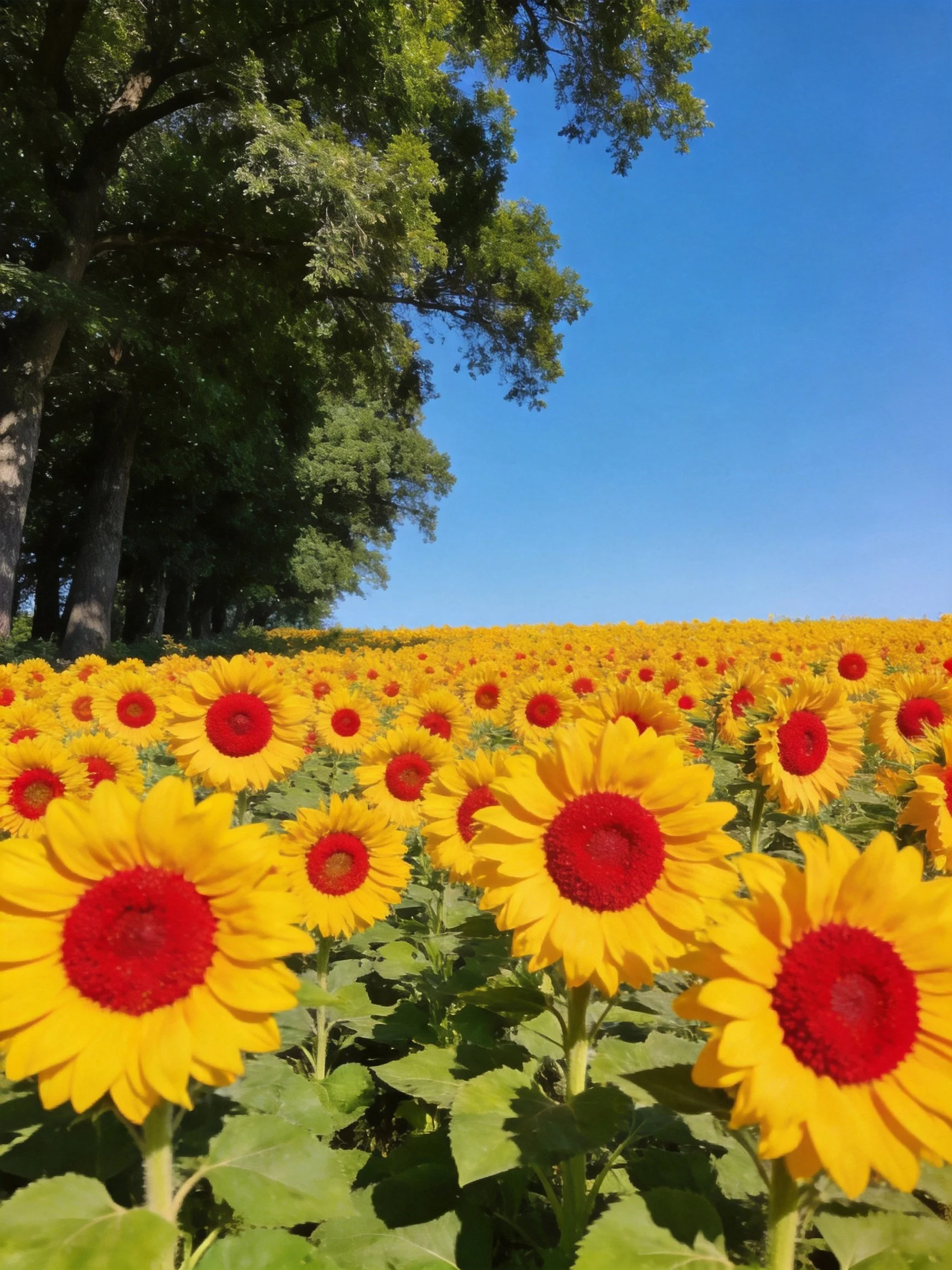 Vibrant sunflower field with tall green trees under clear blue sky