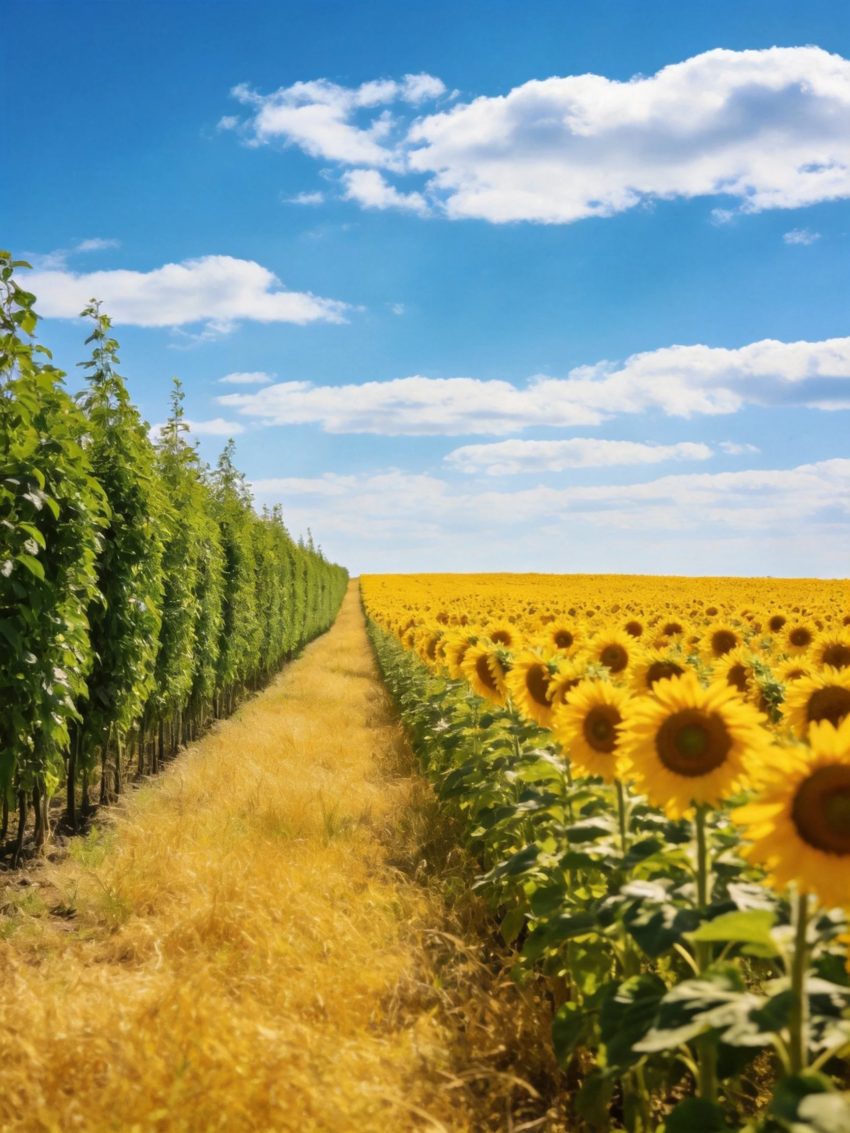 Vibrant sunflower fieldbordered by tall green hedges under sunny blue sky