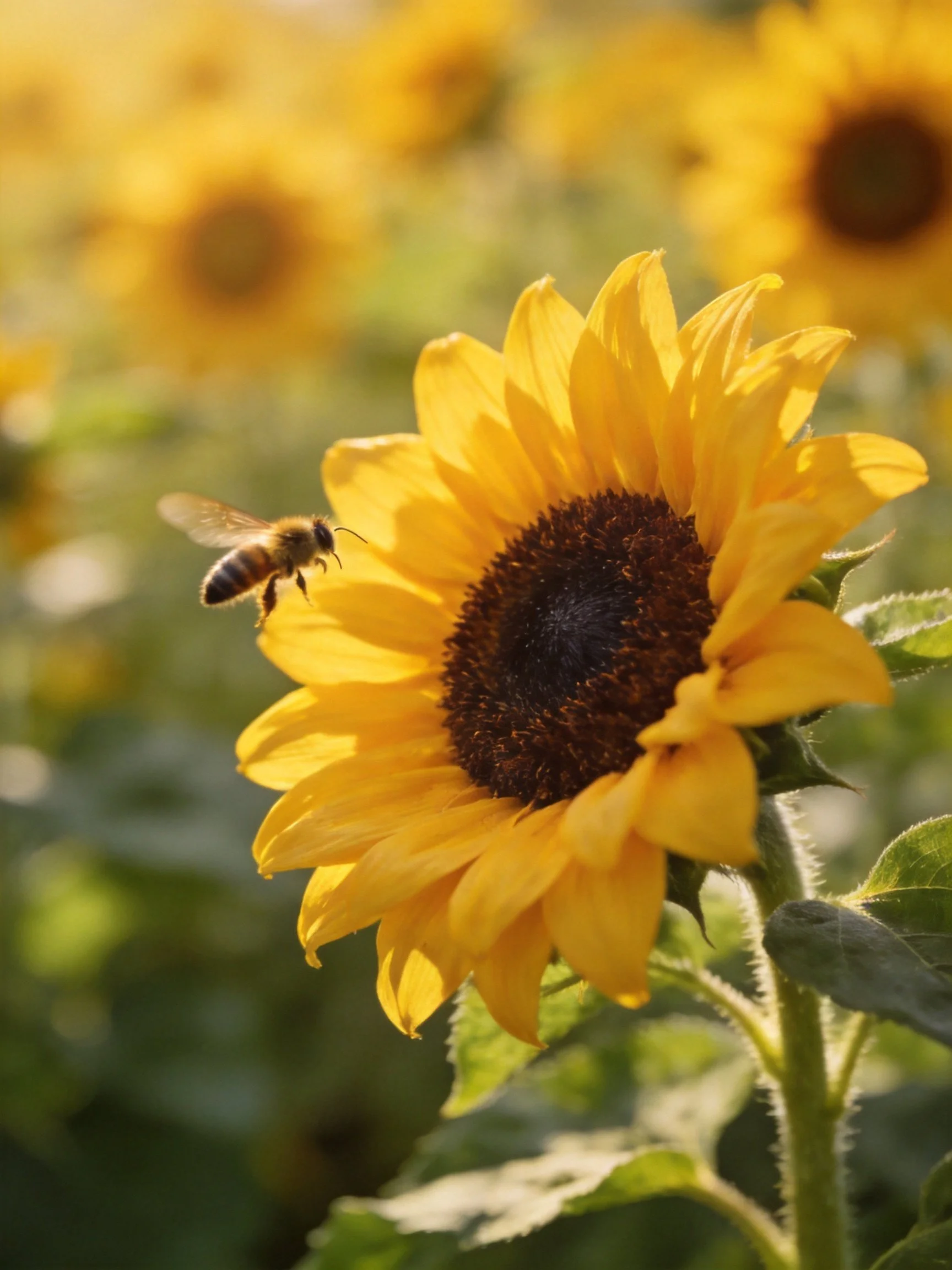 Vibrant sunflower with a bee, golden petals, green foliage