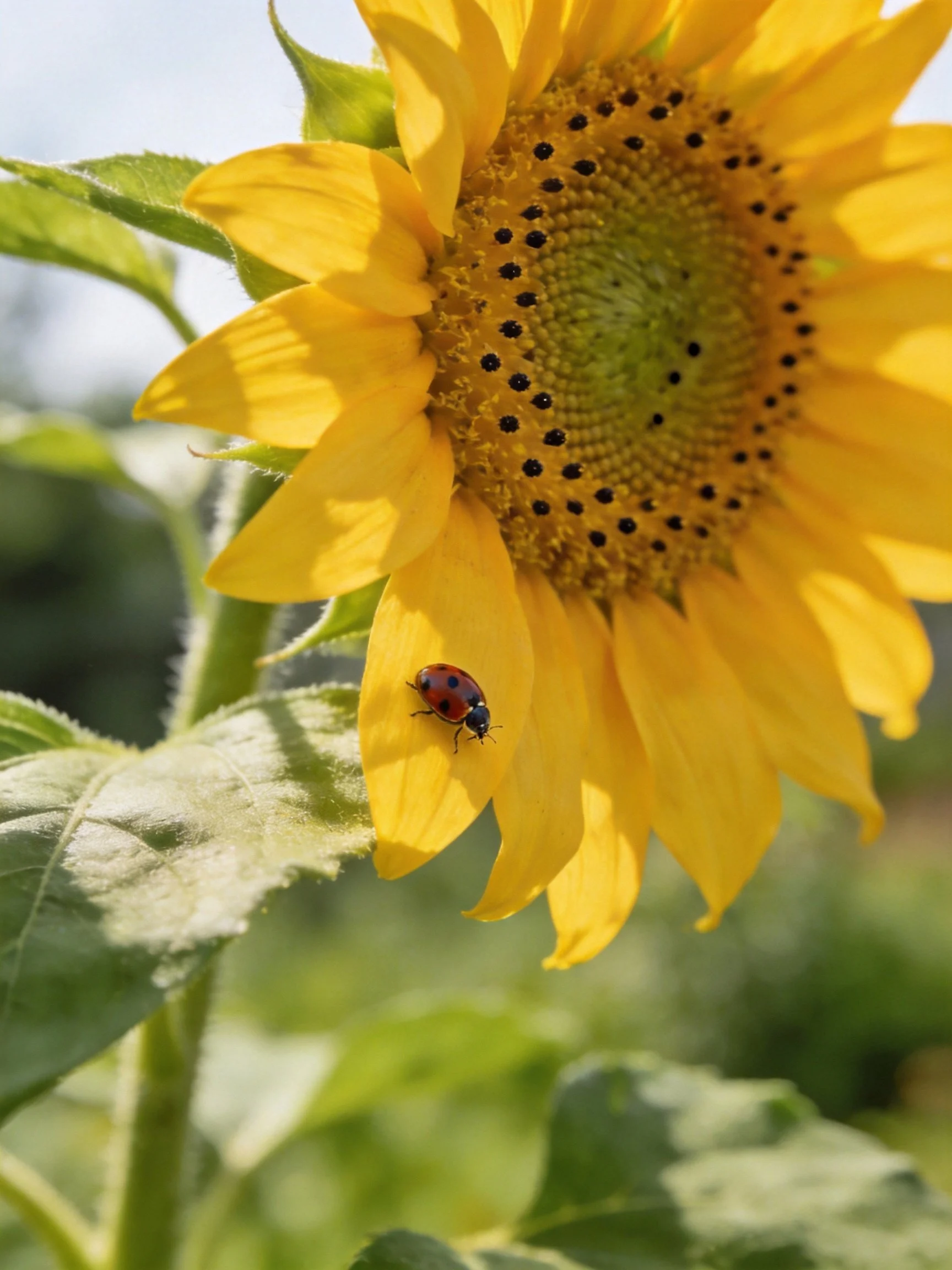 Vibrant sunflower with a spotted ladybug on its petal