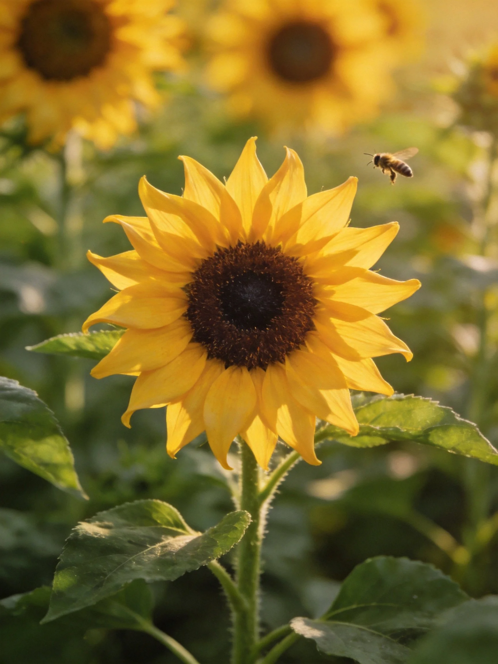 Vibrant sunflower with bright yellow petals, dark center, and flying bee