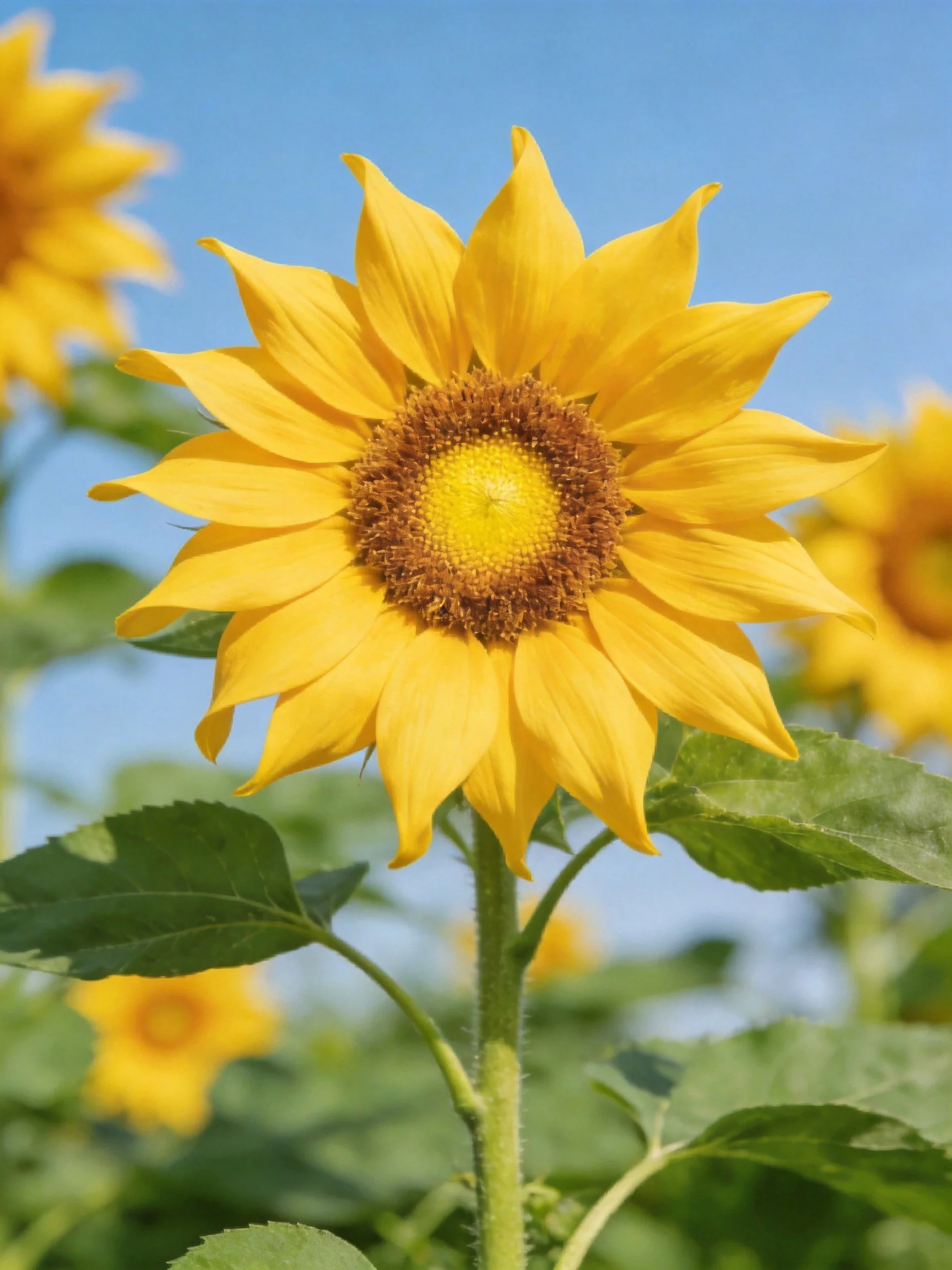 Vibrant sunflower with golden petals against clear blue sky
