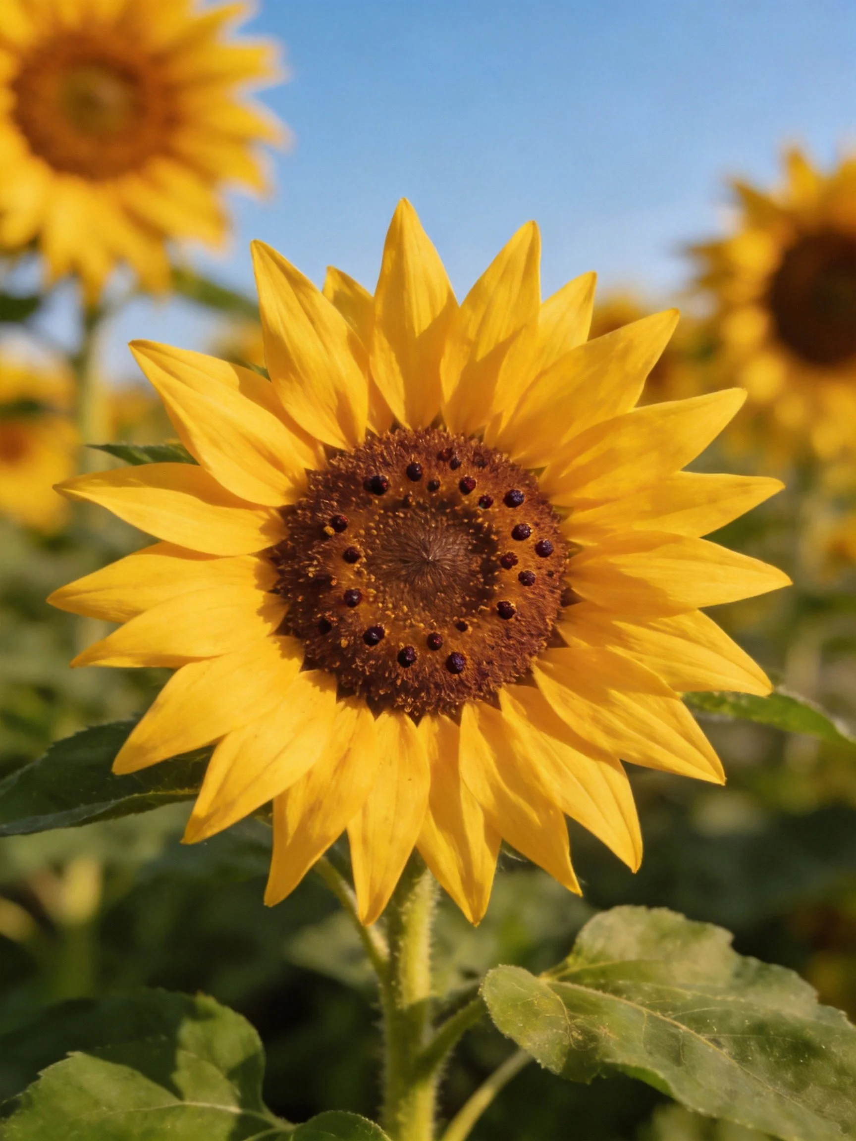 Vibrant sunflower with golden petals and brown center in sunny field