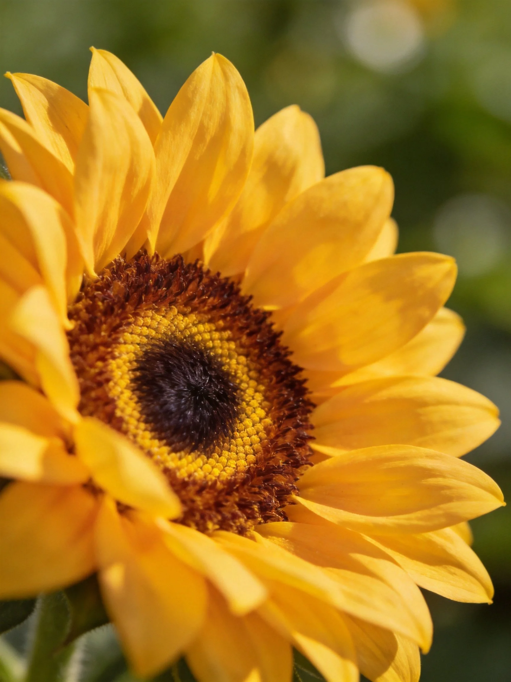 Vibrant sunflower with golden petals and dark brown center