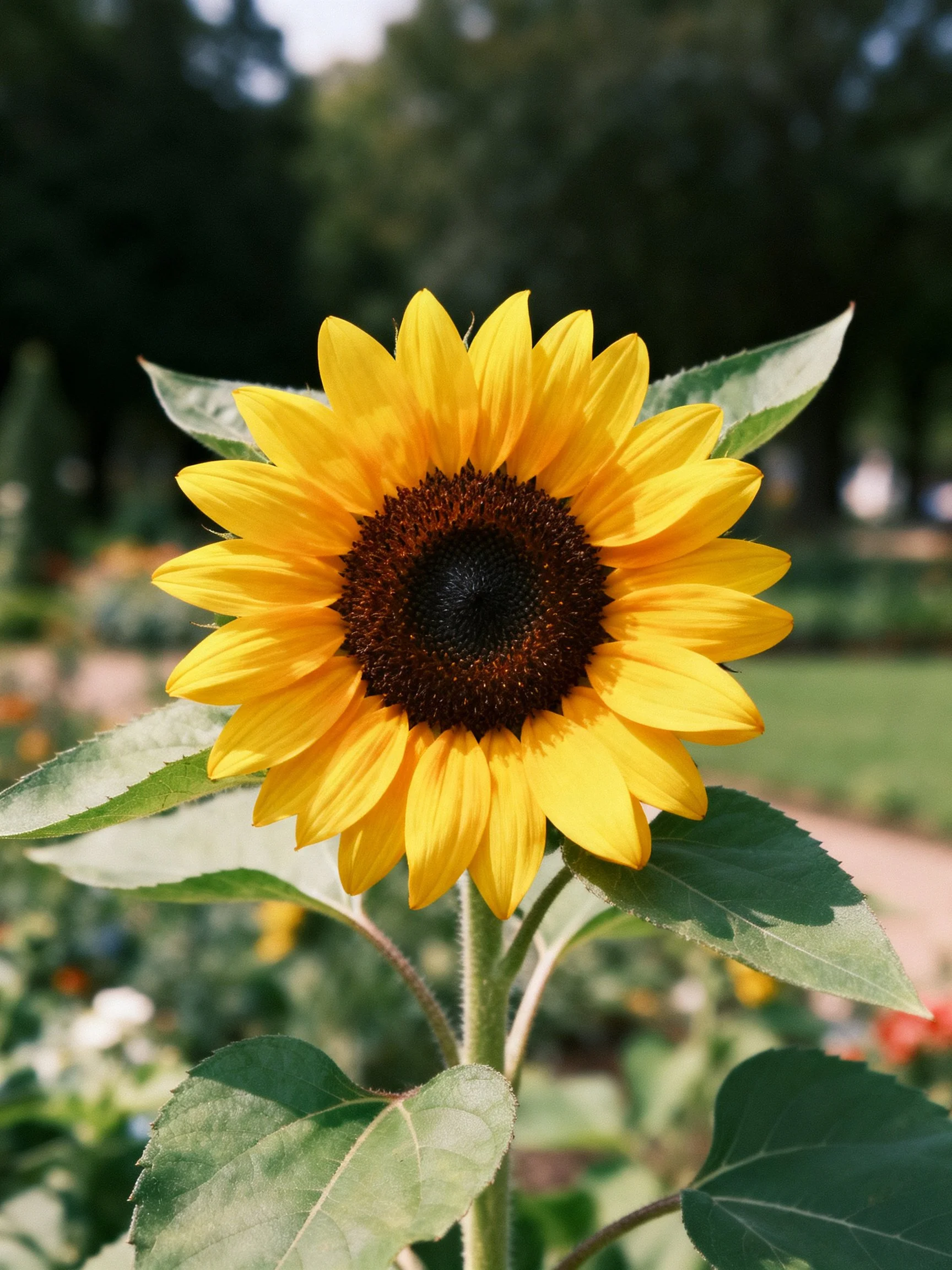 Vibrant sunflower with golden petals and dark brown center
