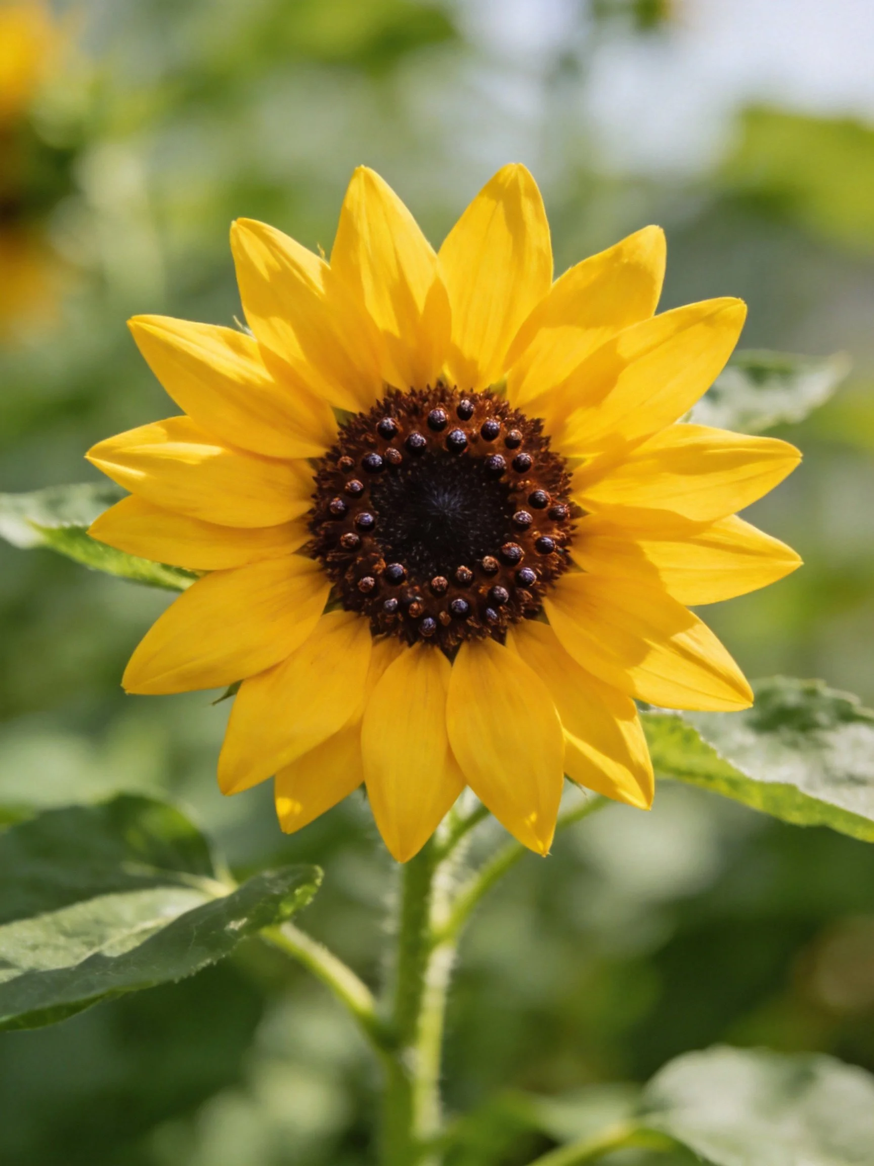 Vibrant sunflower with golden petals and dark brown center