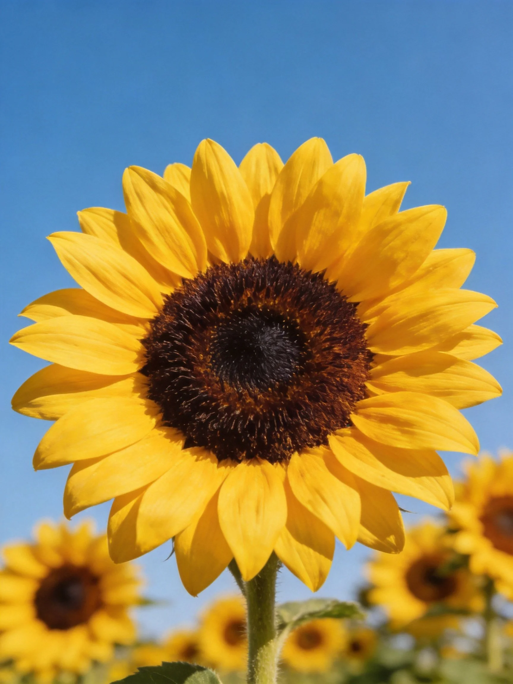 Vibrant sunflower with golden petals and dark center against blue sky